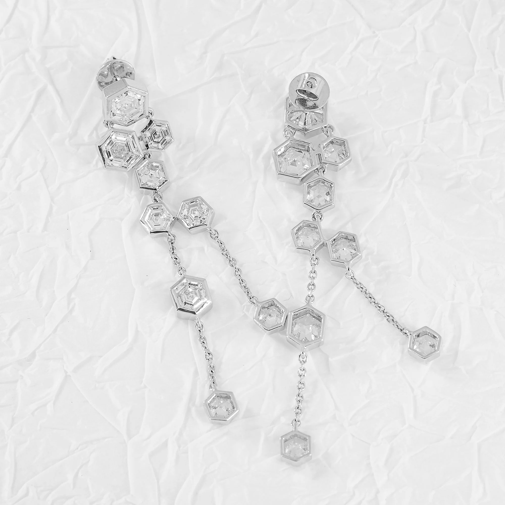14K White Gold Hexagonal Diamond Geometric Drop Earrings 9.06ctw - Image 2