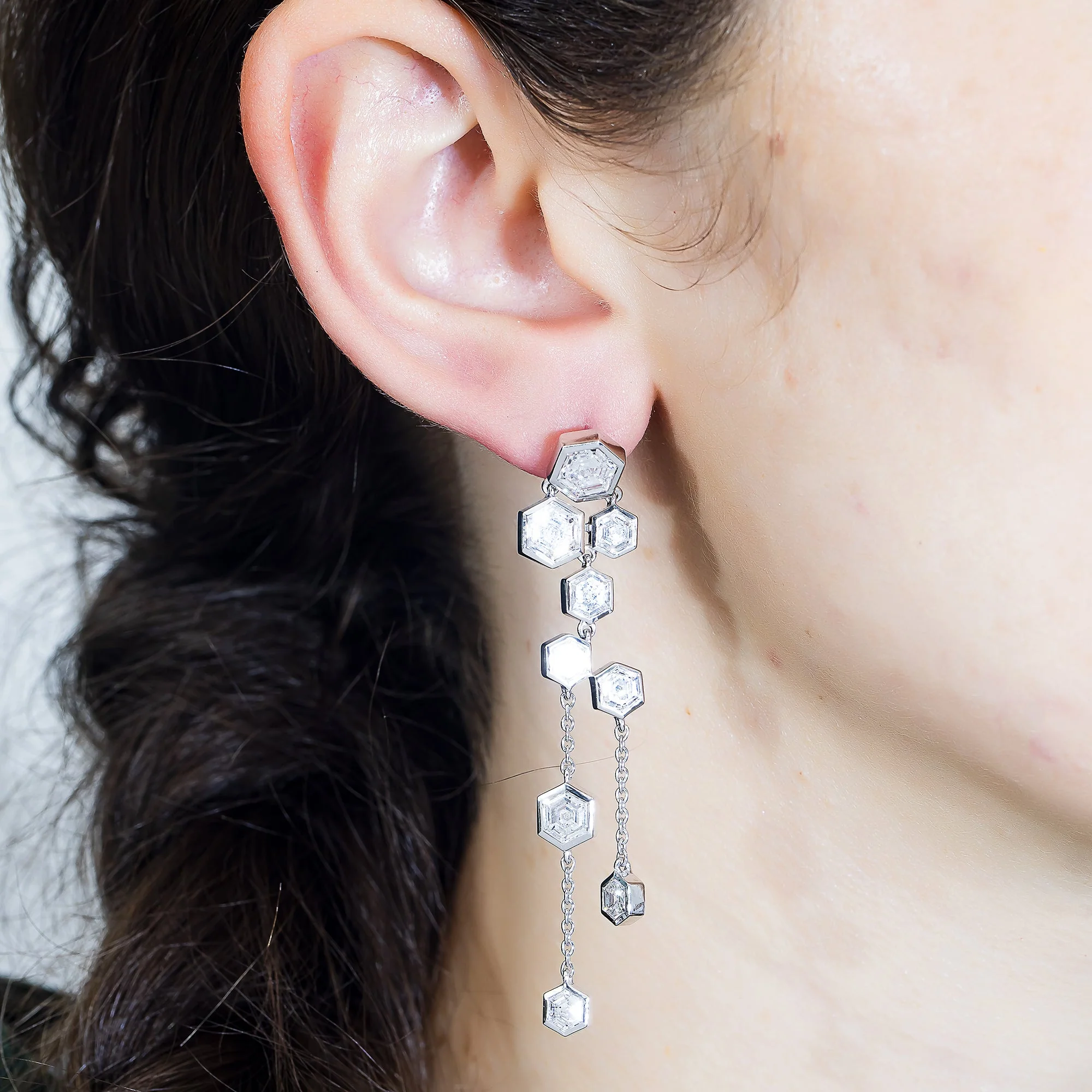 14K White Gold Hexagonal Diamond Geometric Drop Earrings 9.06ctw - Image 3
