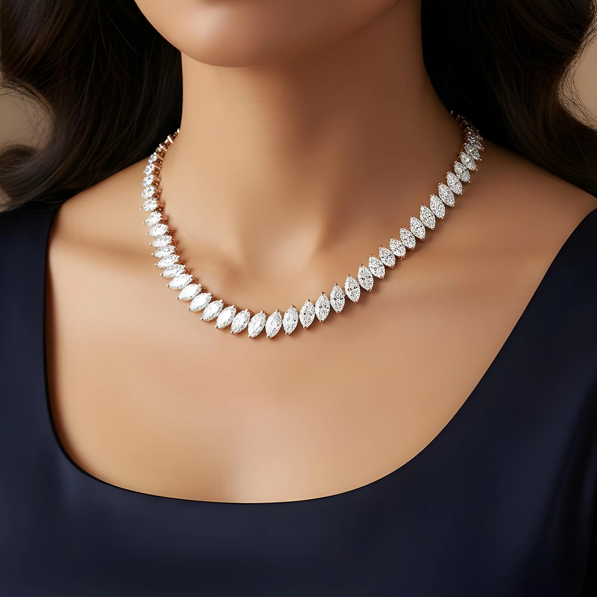 14K White Gold Graduated Marquise Cut Diamond Tennis Necklace 26.59ct - Image 8