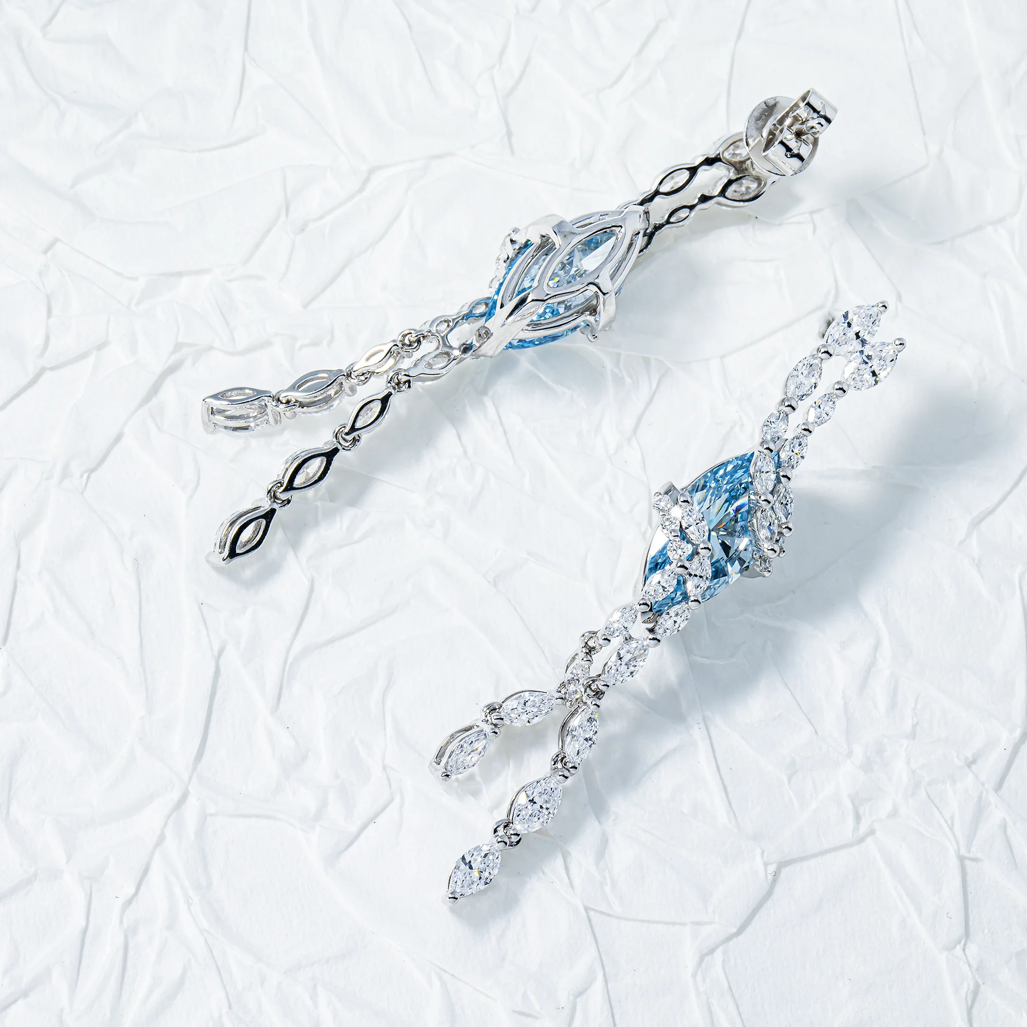 14K White Gold Marquise Cut Fancy Blue Diamond Drop Earrings 6.80ctw - Image 3