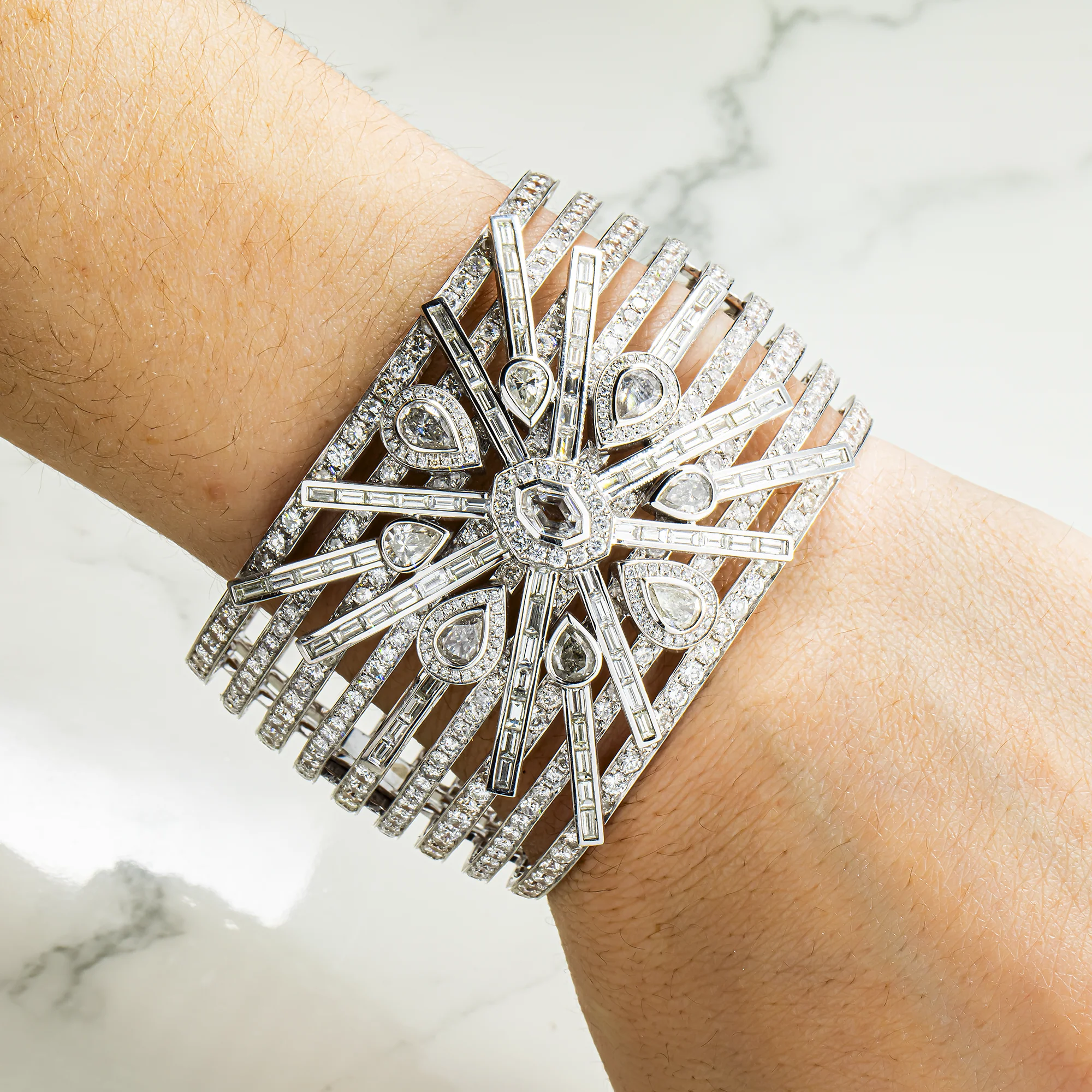 14K White Gold Multi Cut Cuff Bangle Bracelet 42.31ct - Image 2