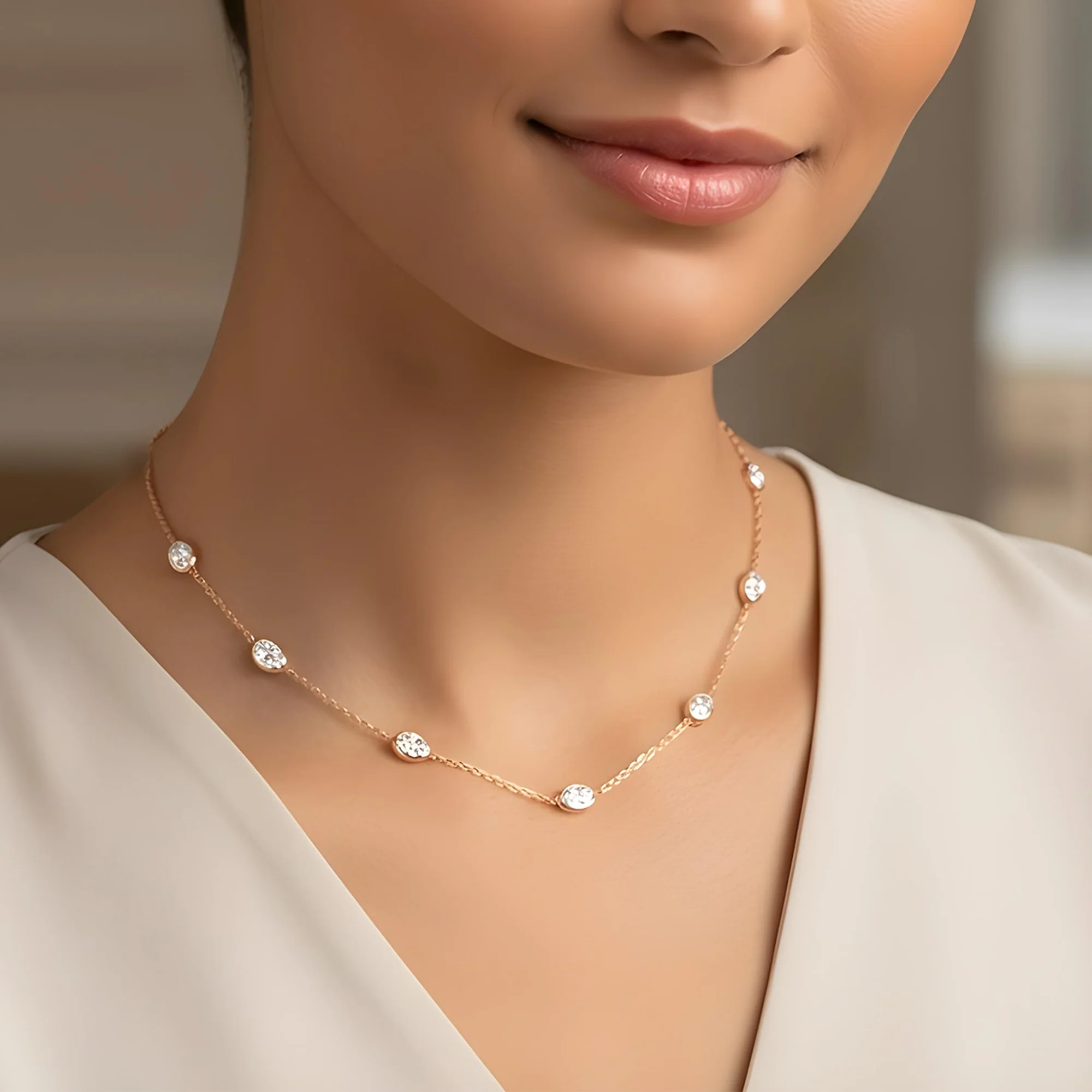 14K White Gold Oval Cut Diamond Satellite Necklace 4.80ct - Image 7