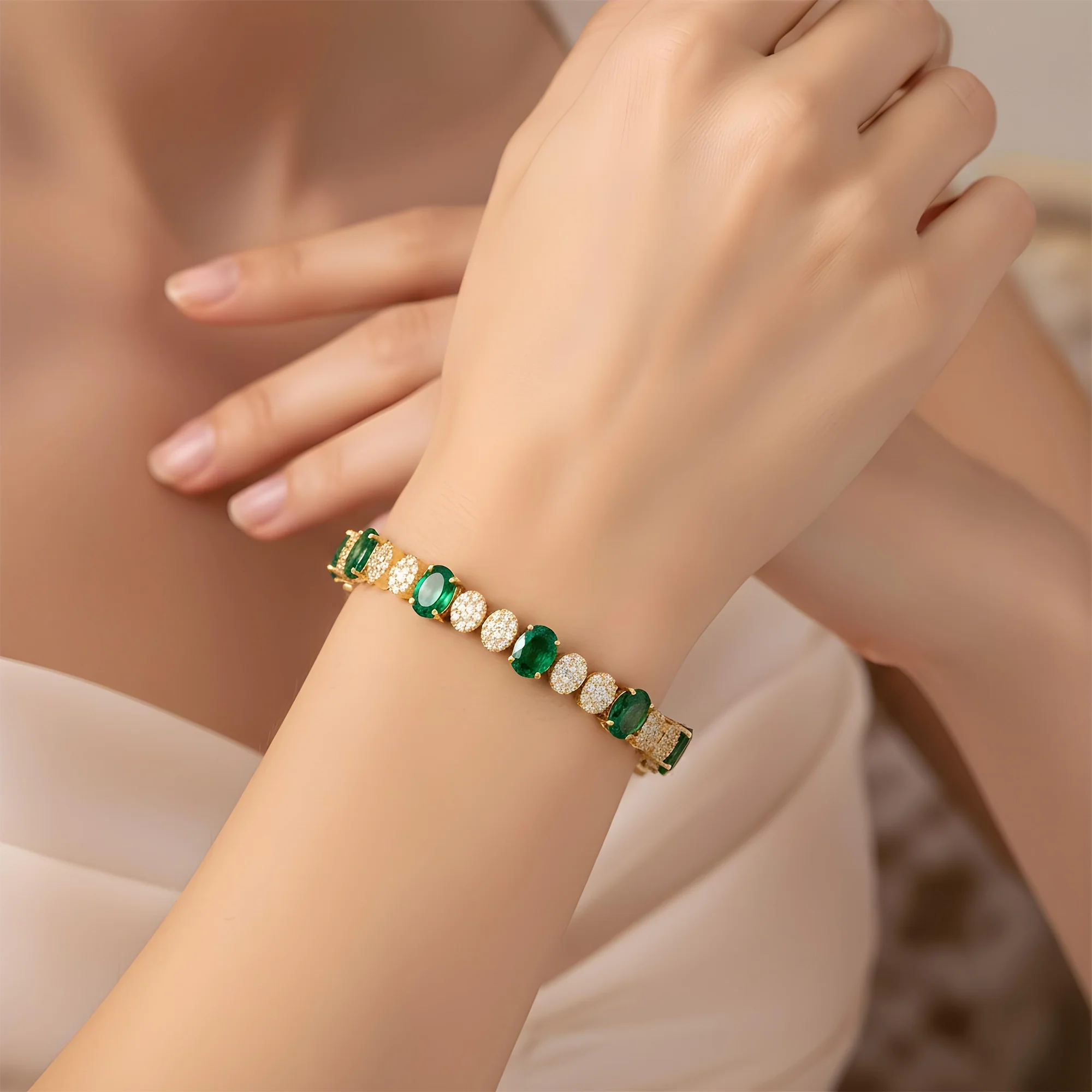 18K White Gold Oval Cut Emerald & Diamond Tennis Bracelet 10.68ct - Image 6