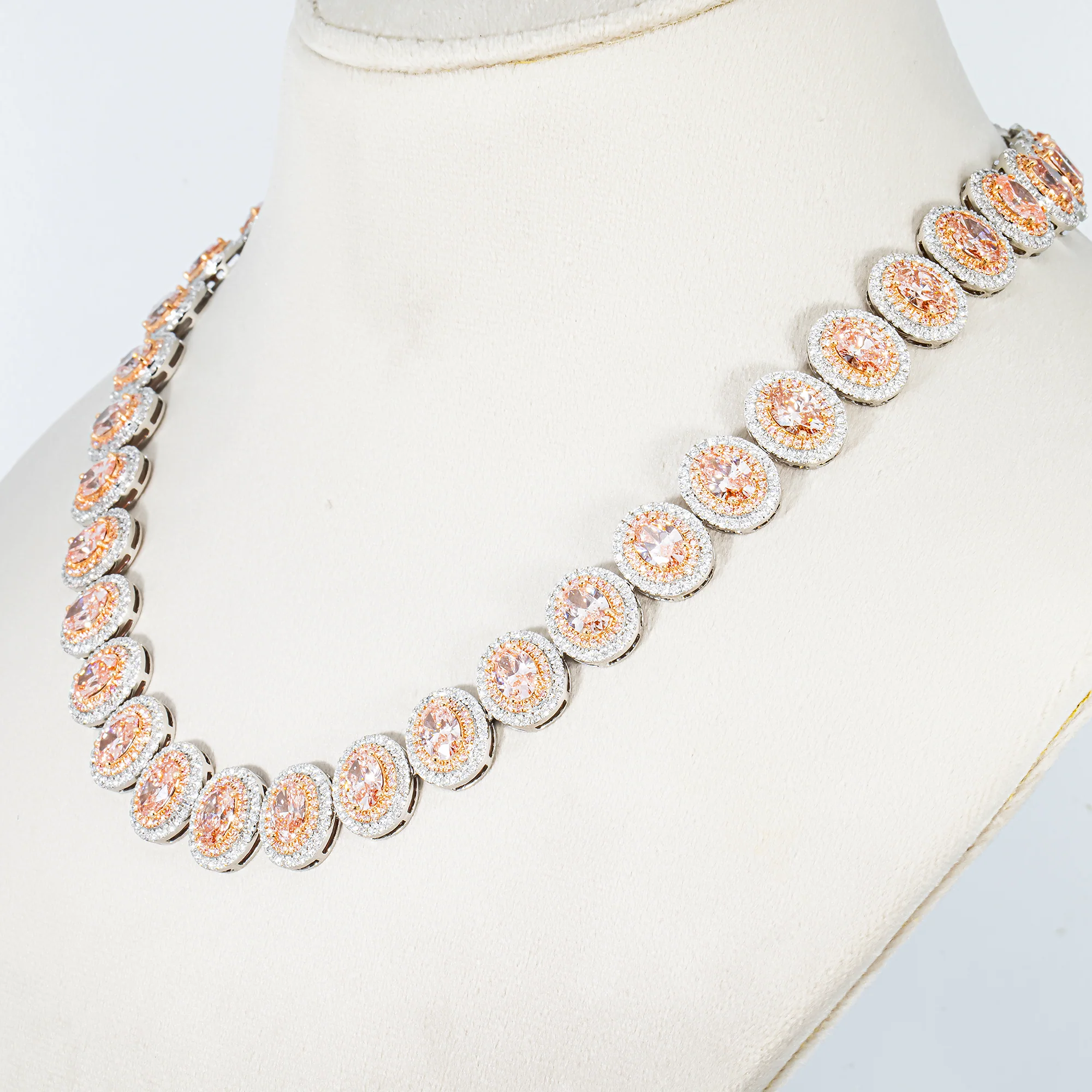 14K White Gold Oval Cut Fancy Pink Diamond Necklace W/ Halo 52.03ct - Image 2