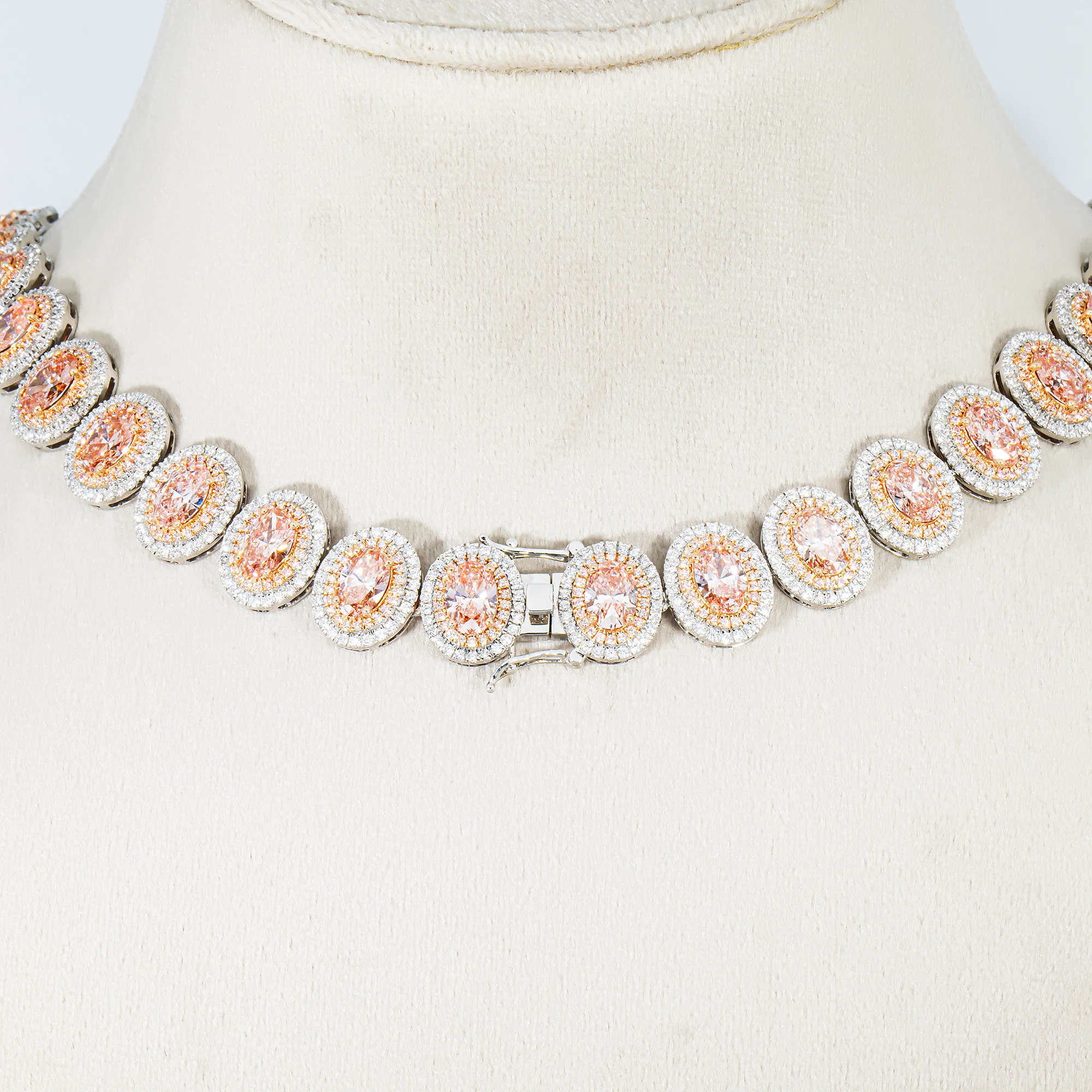 14K White Gold Oval Cut Fancy Pink Diamond Necklace W/ Halo 52.03ct - Image 3