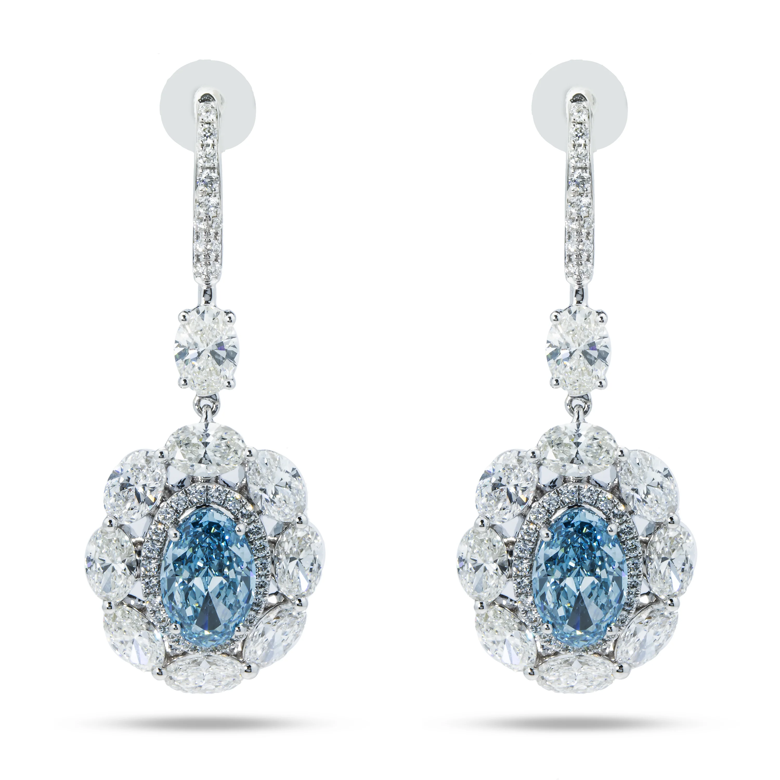 14K White Gold Oval Cut Fancy Vivid Blue Diamond Drop Earrings 12.59ctw