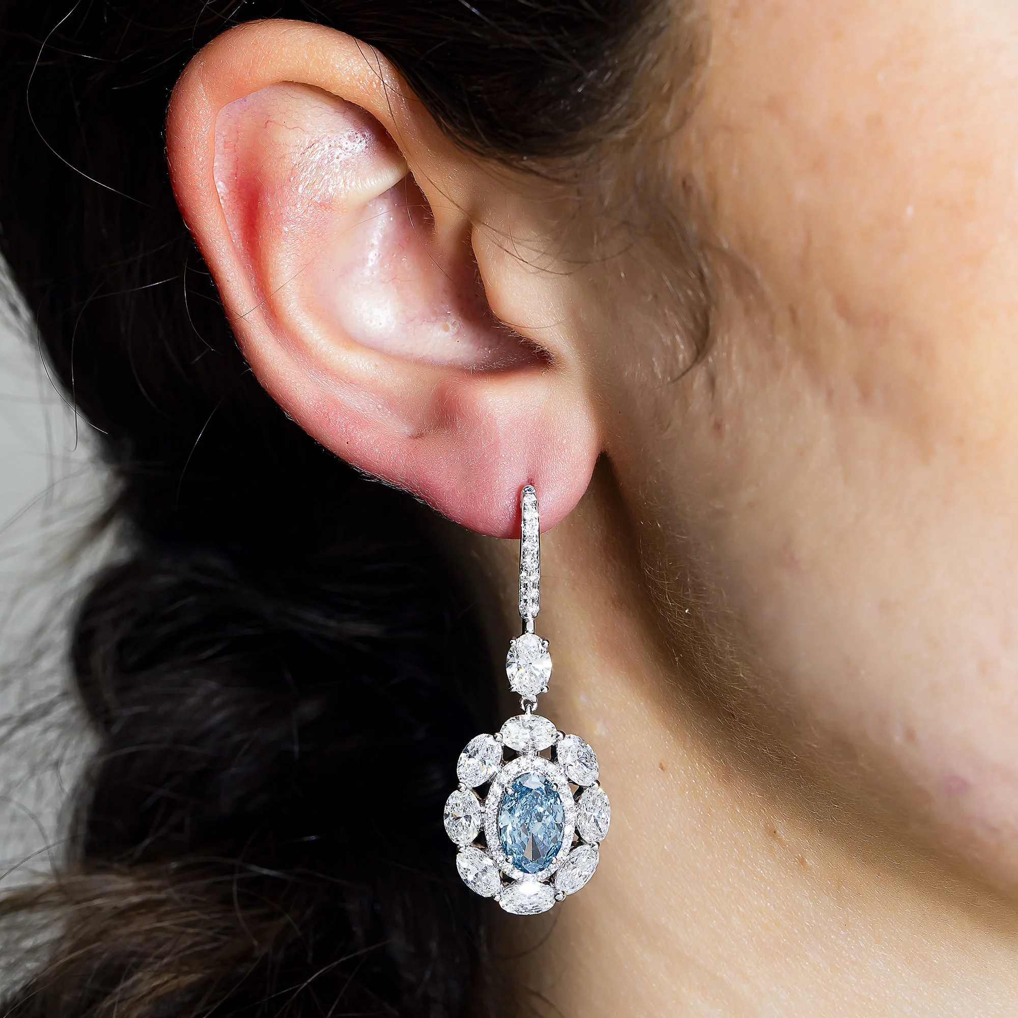 14K White Gold Oval Cut Fancy Vivid Blue Diamond Drop Earrings 12.59ctw - Image 2