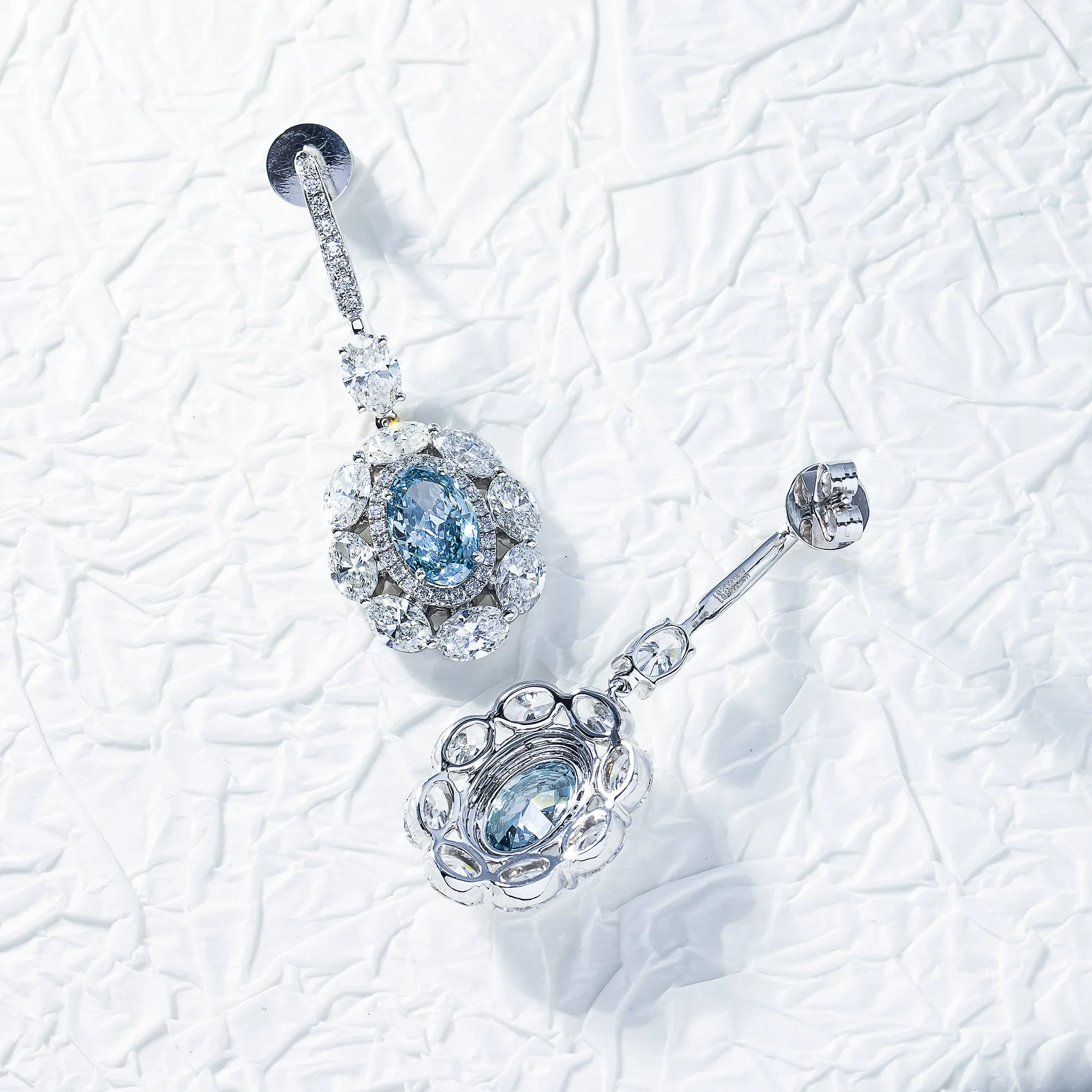 14K White Gold Oval Cut Fancy Vivid Blue Diamond Drop Earrings 12.59ctw - Image 3
