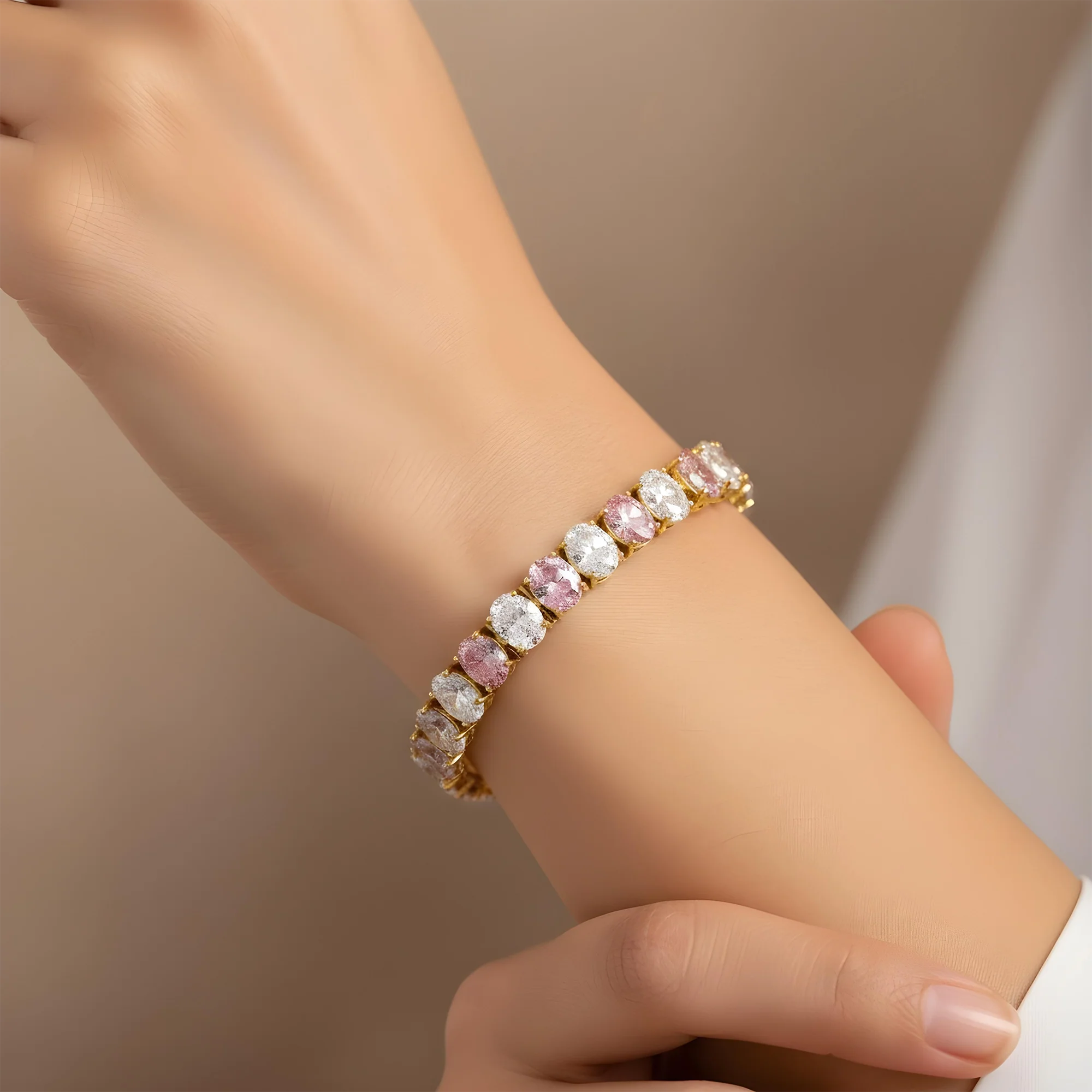 14K White Gold Oval Cut White & Fancy Pink Diamond Bracelet 37.57ct - Image 5