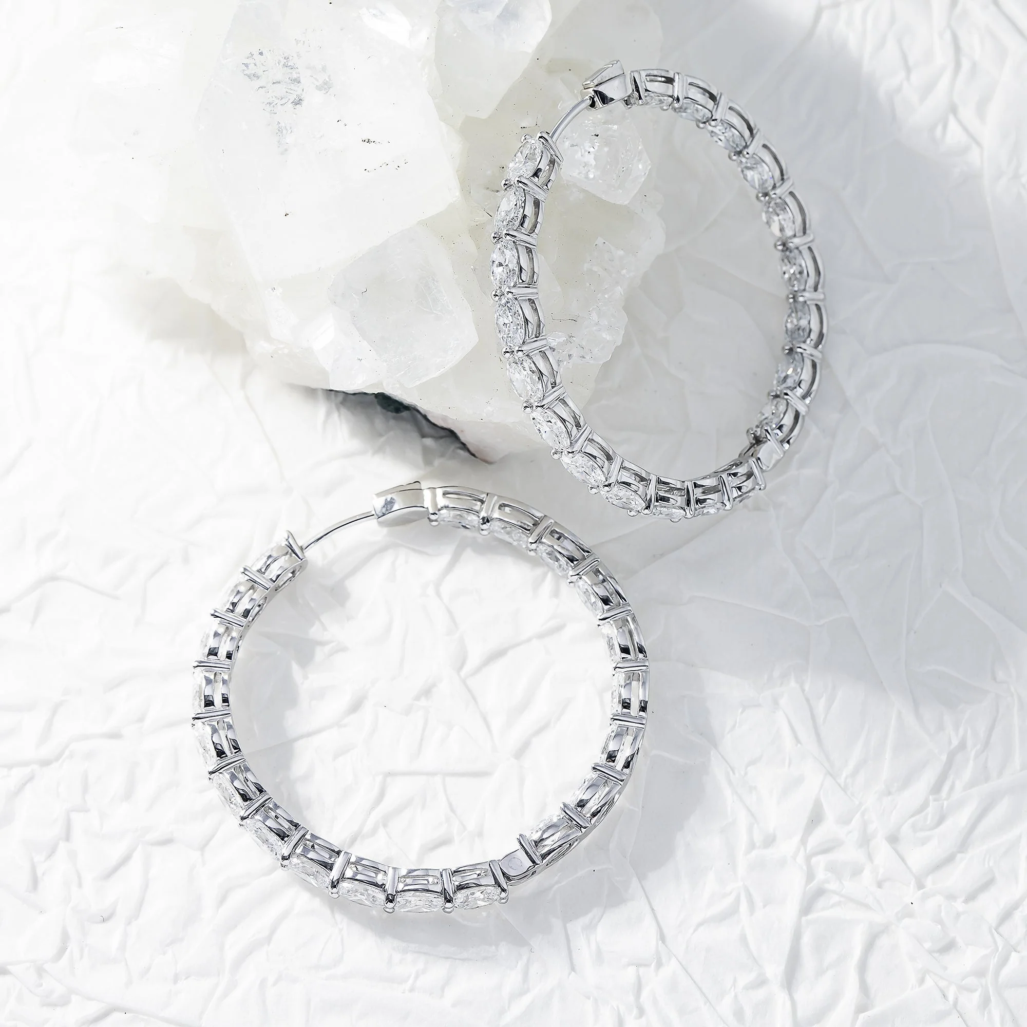 14K White Gold Oval Diamond Inside Out Diamond Hoops Earrings 9.60ctw - Image 3