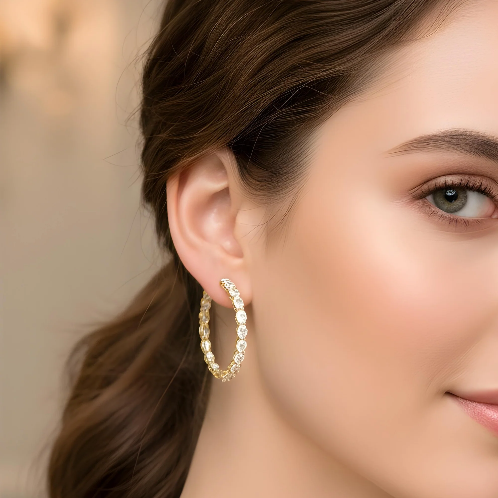 14K White Gold Oval Diamond Inside Out Diamond Hoops Earrings 9.60ctw - Image 5