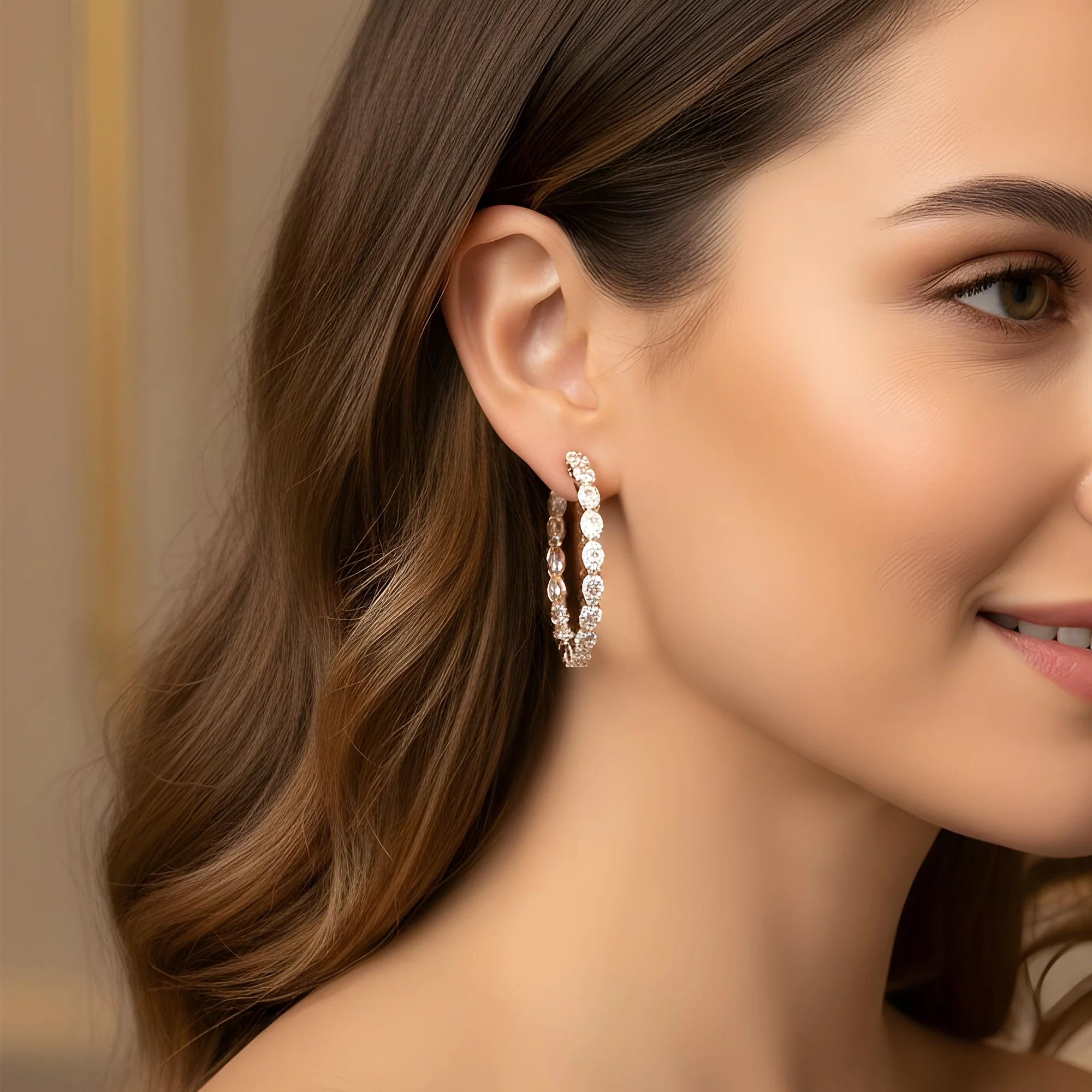 14K White Gold Oval Diamond Inside Out Diamond Hoops Earrings 9.60ctw - Image 7