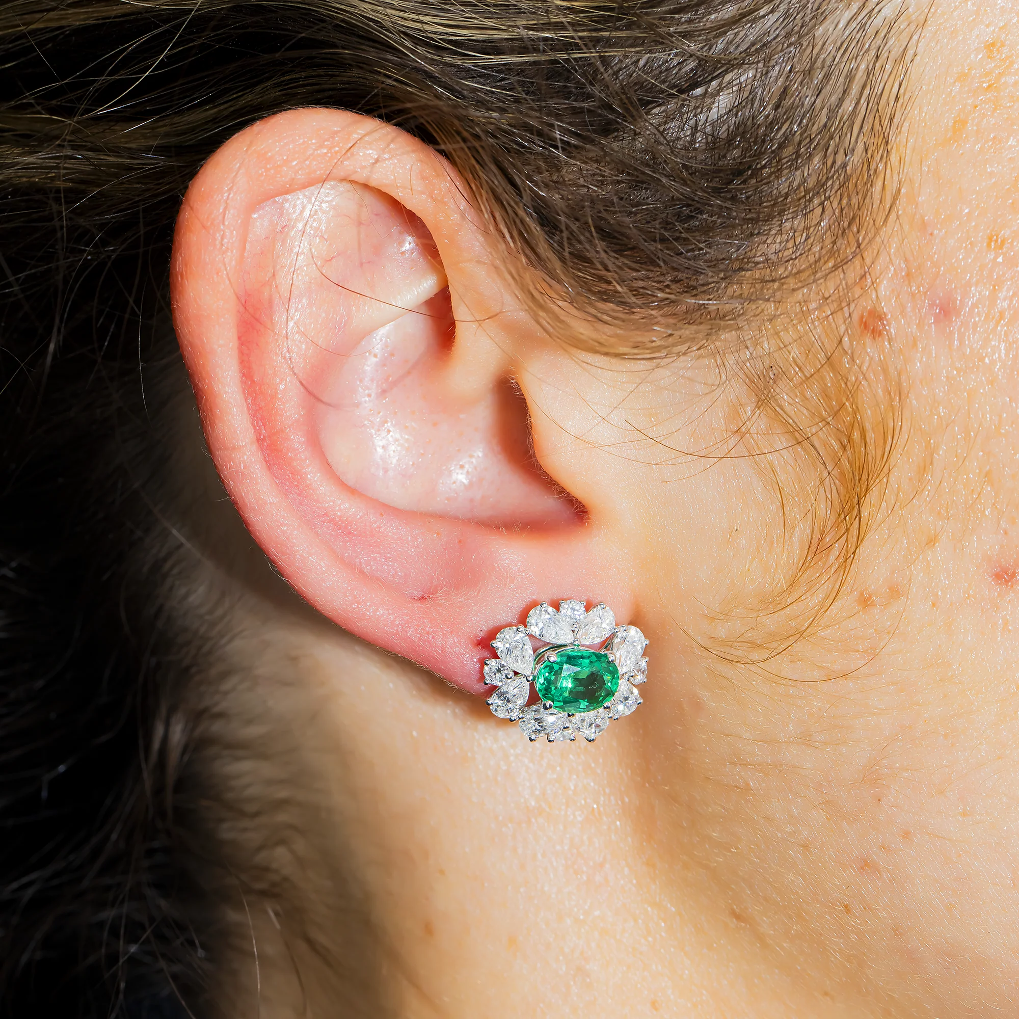 14K White Gold Oval Emerald & Diamond Cluster Stud Earrings 6.1ctw - Image 2
