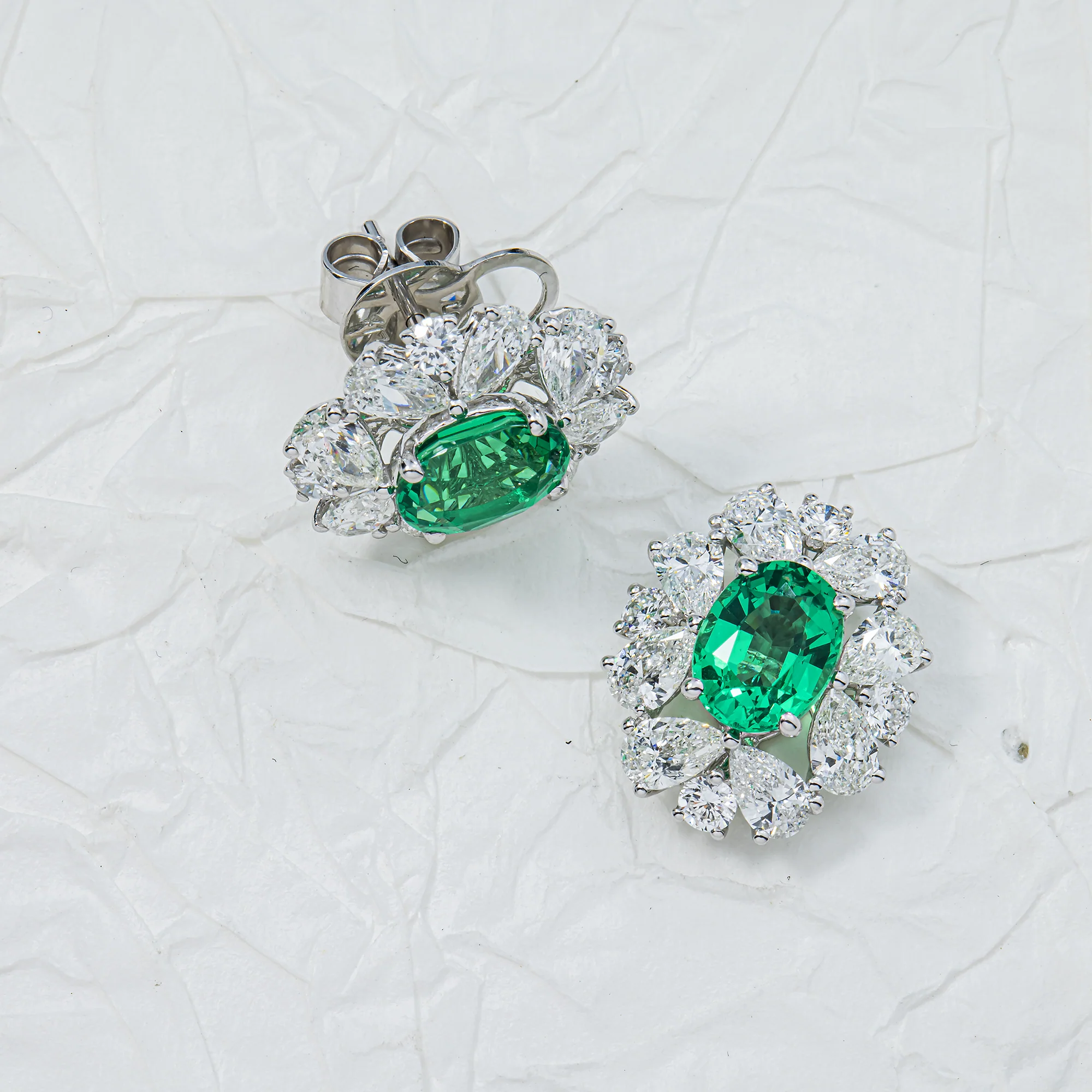 14K White Gold Oval Emerald & Diamond Cluster Stud Earrings 6.1ctw - Image 3