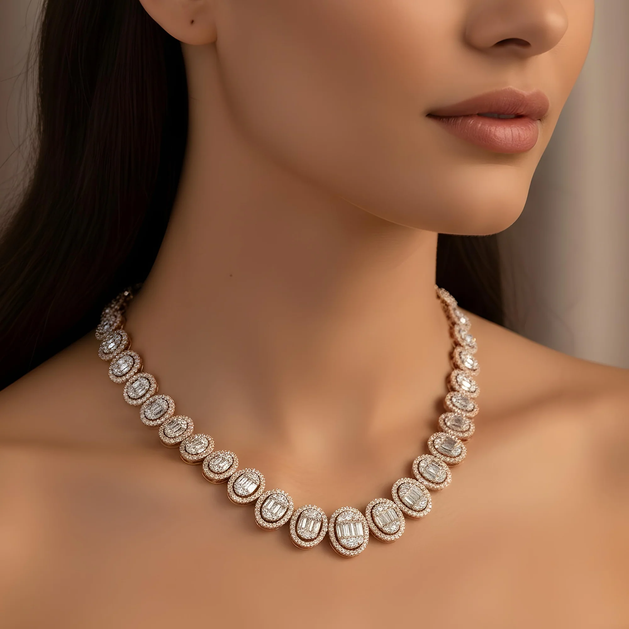 14K White Gold Oval Shaped Baguette Diamond Graduated Chain 21.0ct - Image 7