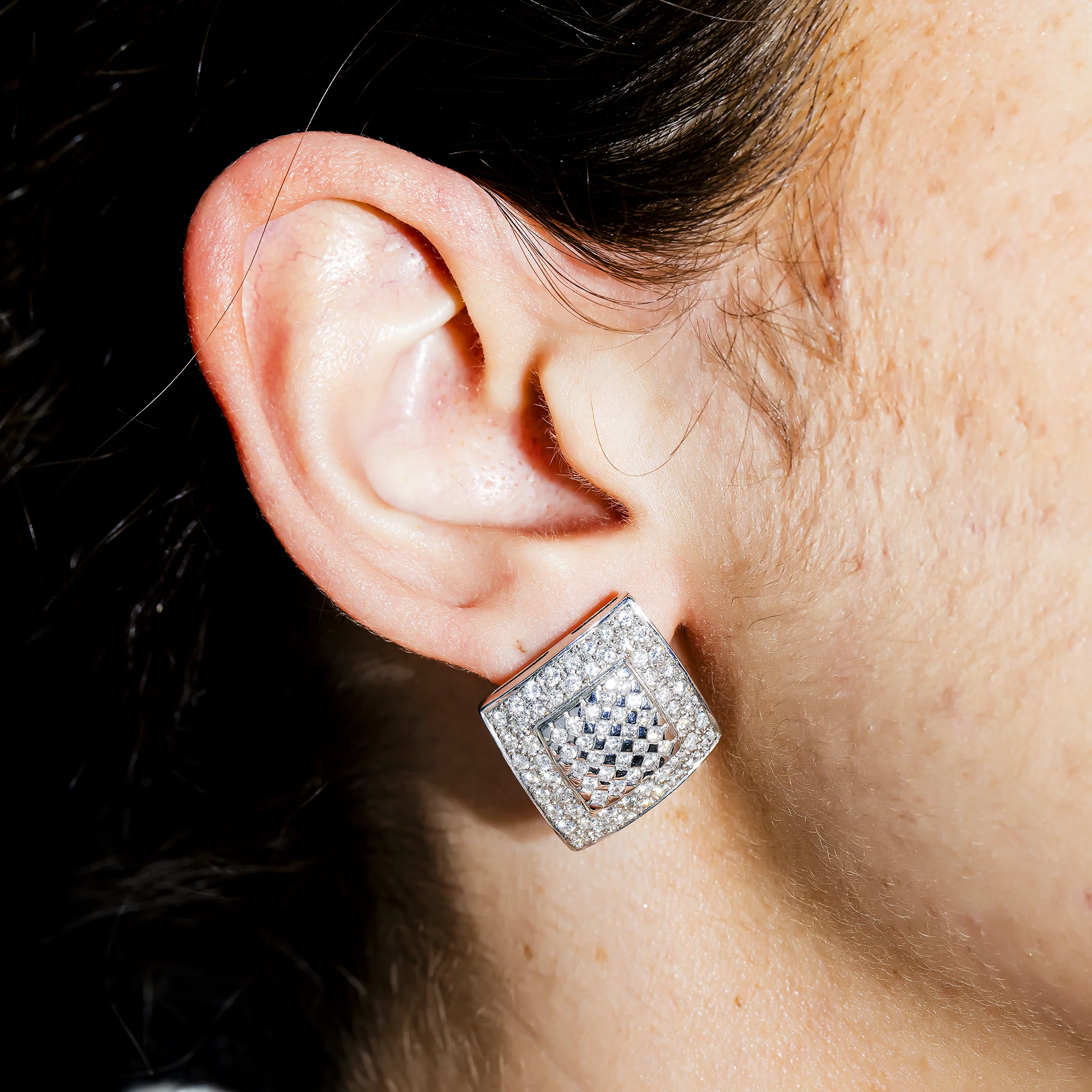 14K White Gold Pave Round Diamond Square Stud Earrings 2.65ctw - Image 2