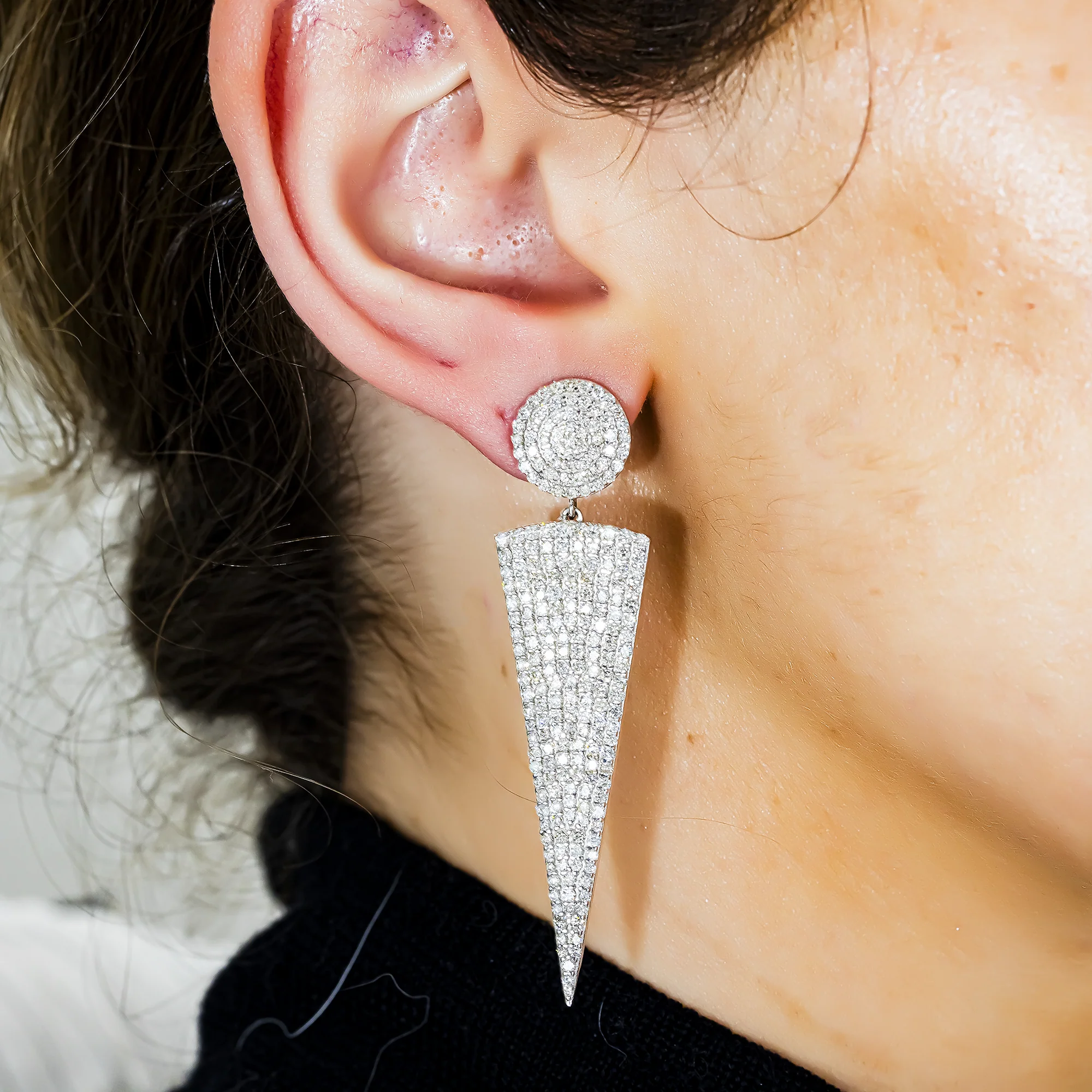 14K White Gold Pave Set Round Diamond Drop Earrings 5.37ctw - Image 2
