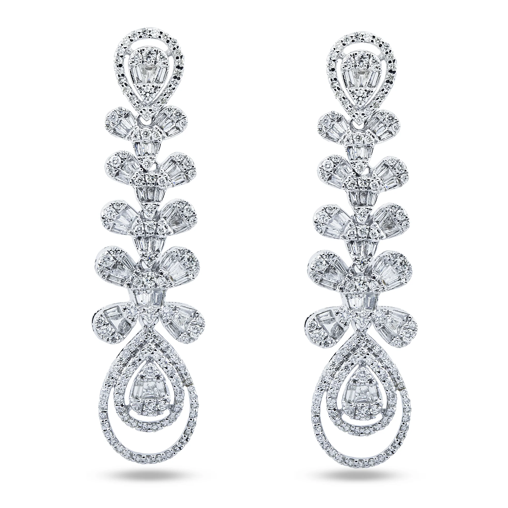 14K White Gold Peacock Feather Diamond Drop Earrings 2.92ctw