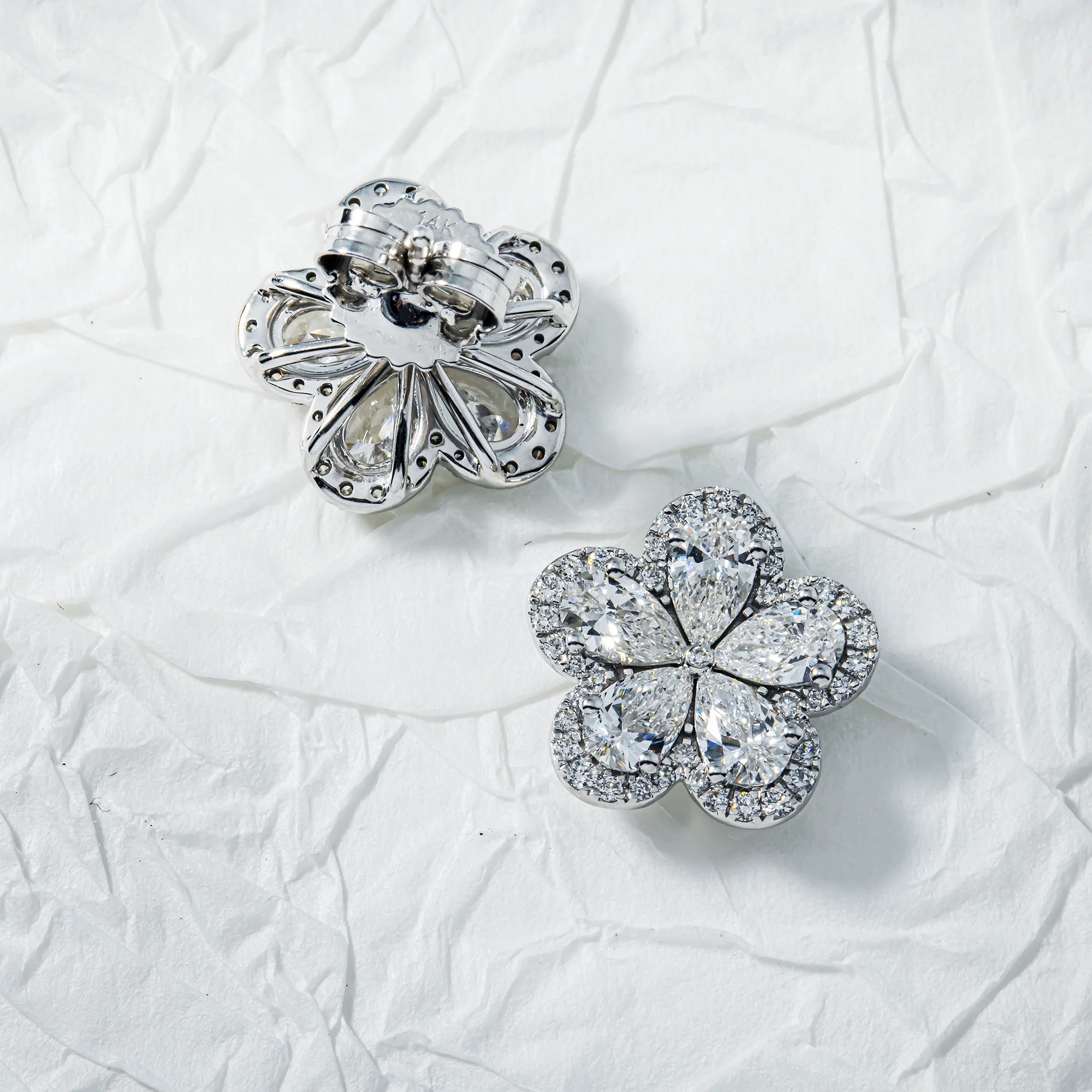 14K White Gold Pear Cut Diamond Flower Stud Earrings 2.81ctw - Image 3