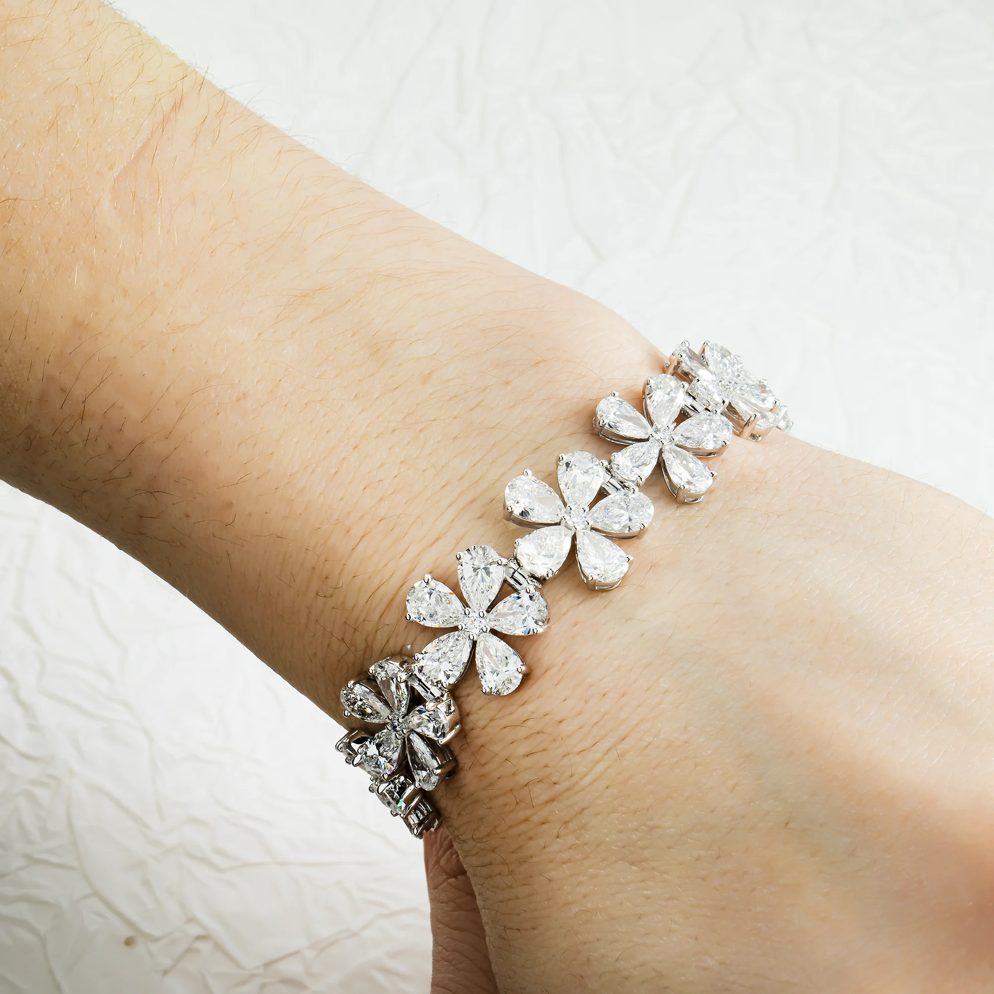14K White Gold Pear Cut Diamond Full Bloom Flower Bracelet 26.50ct - Image 2