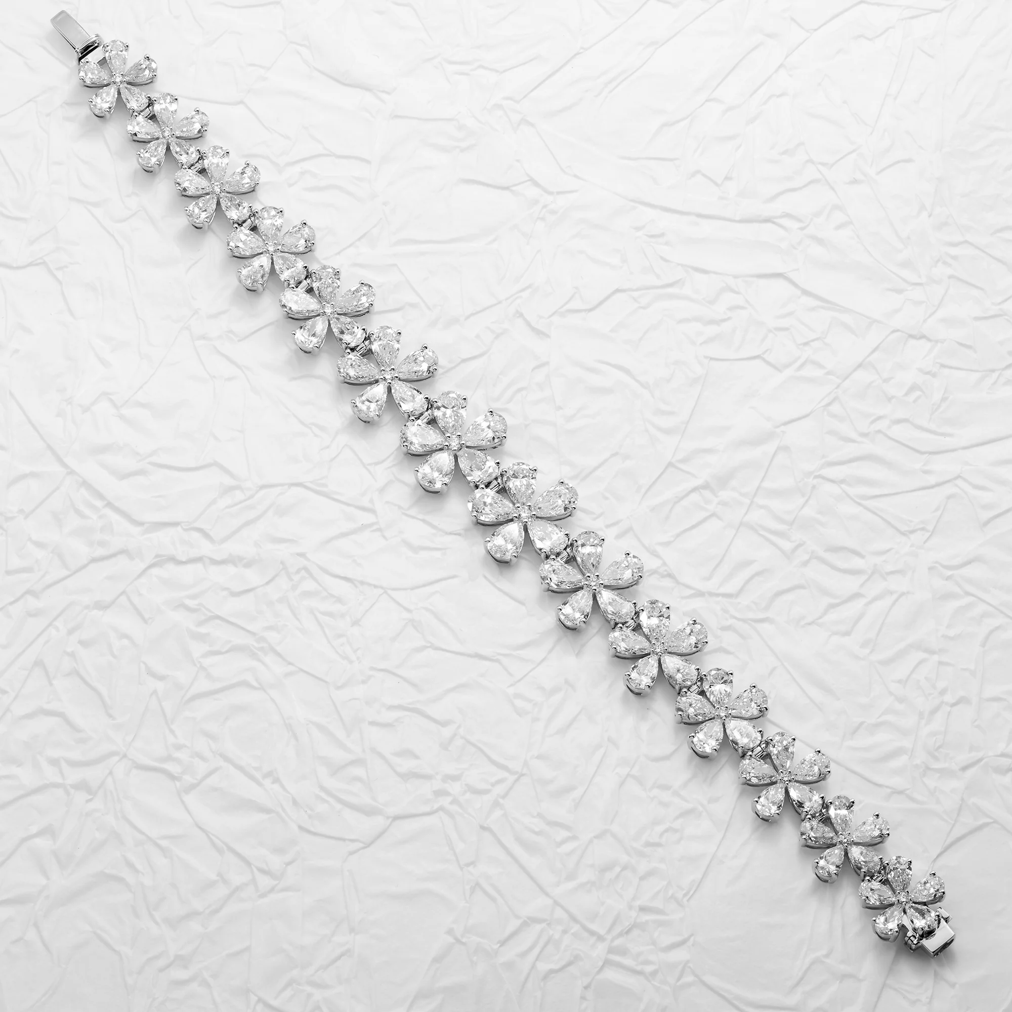 14K White Gold Pear Cut Diamond Full Bloom Flower Bracelet 26.50ct - Image 3