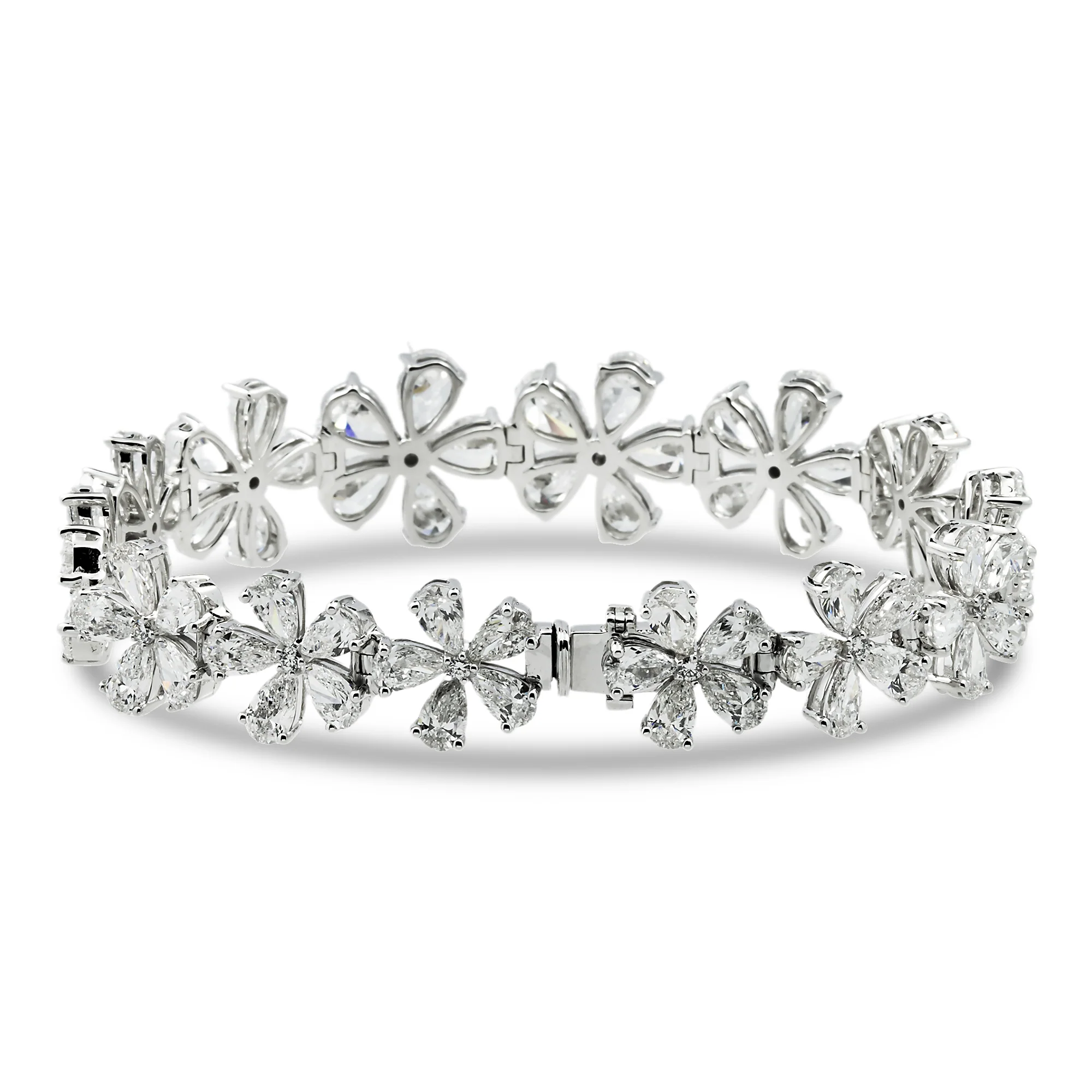 14K White Gold Pear Cut Diamond Full Bloom Flower Bracelet 26.50ct - Image 4