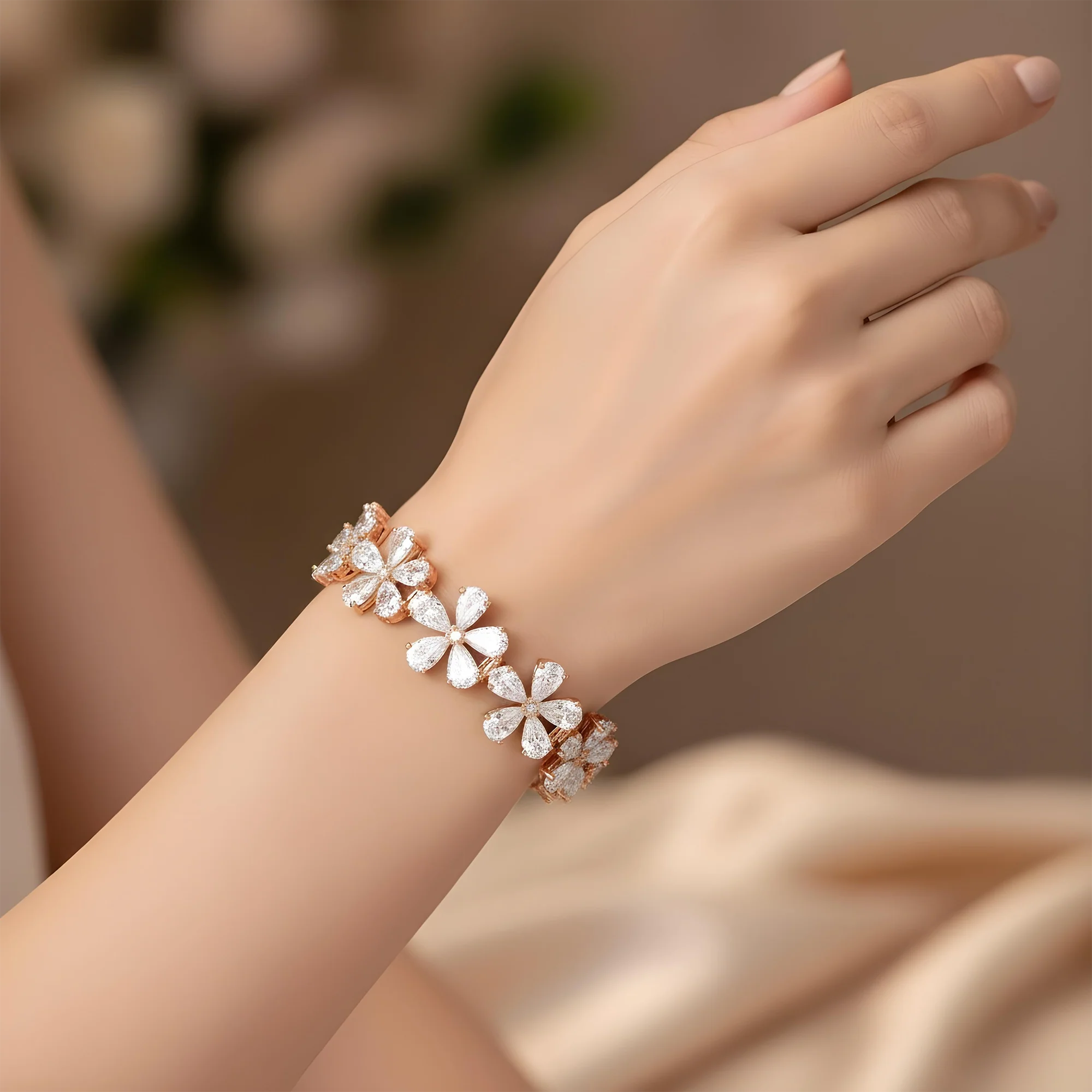 14K White Gold Pear Cut Diamond Full Bloom Flower Bracelet 26.50ct - Image 8