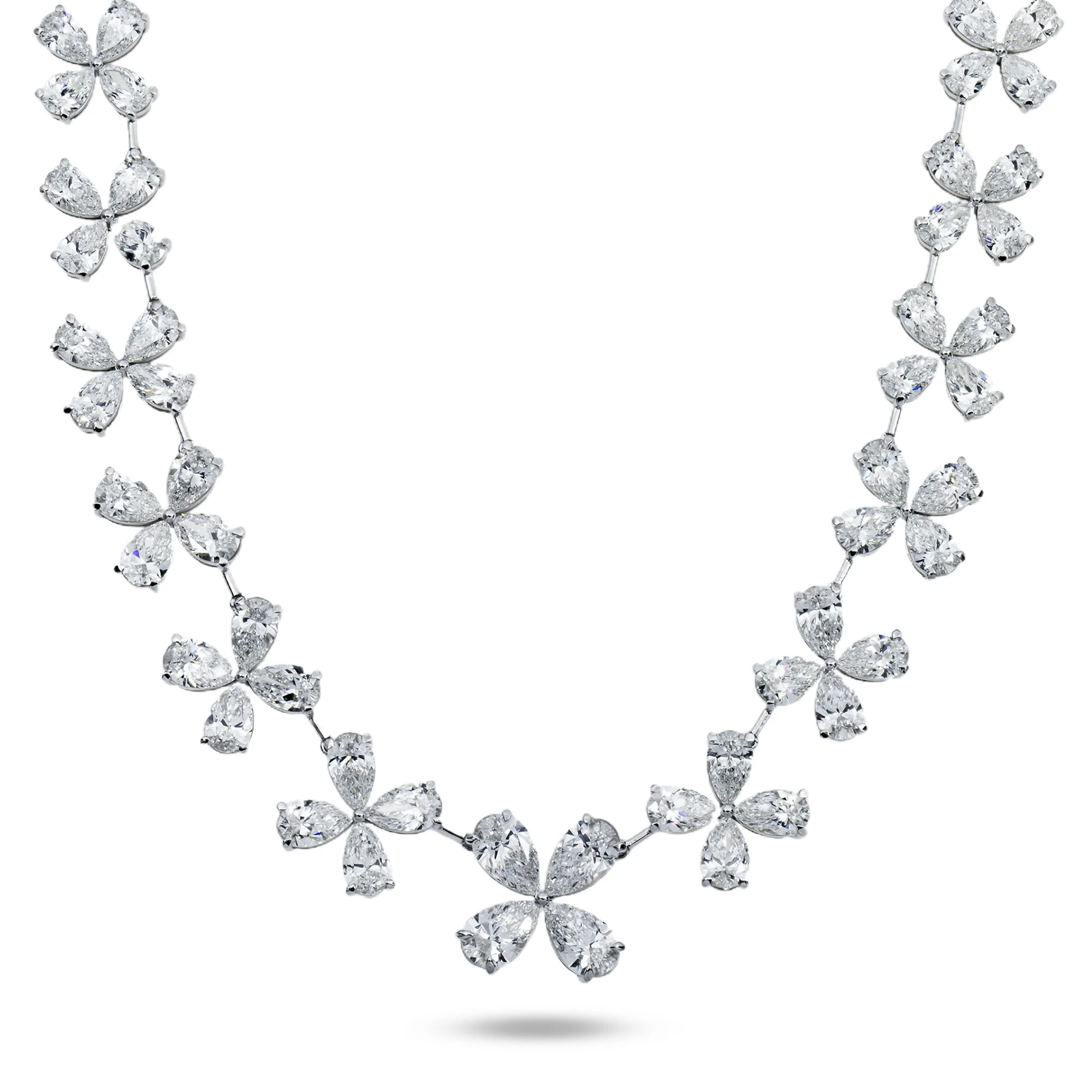 14K White Gold Pear Cut Diamond Graduated Flower Necklace 55.96ctw