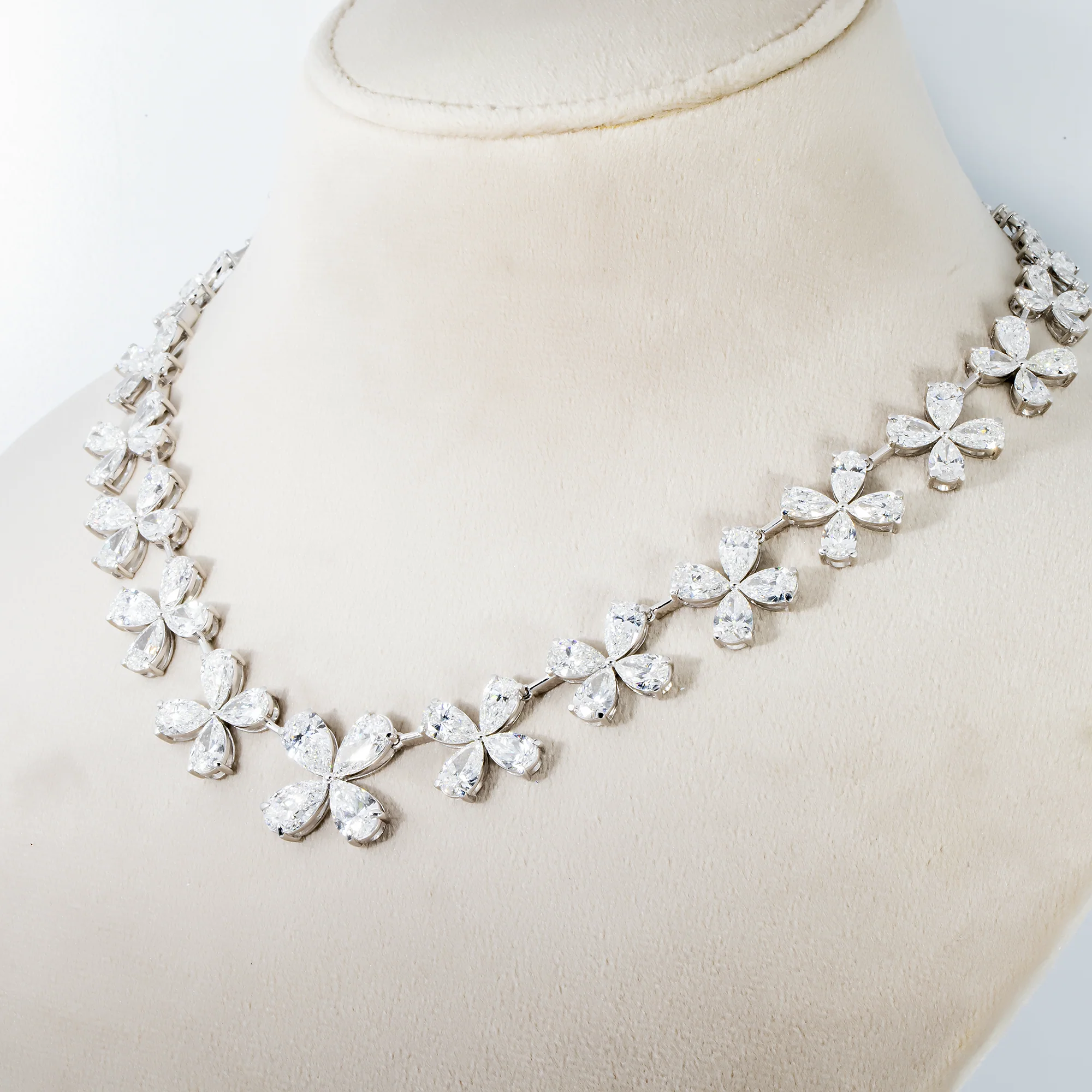 14K White Gold Pear Cut Diamond Graduated Flower Necklace 55.96ctw - Image 2