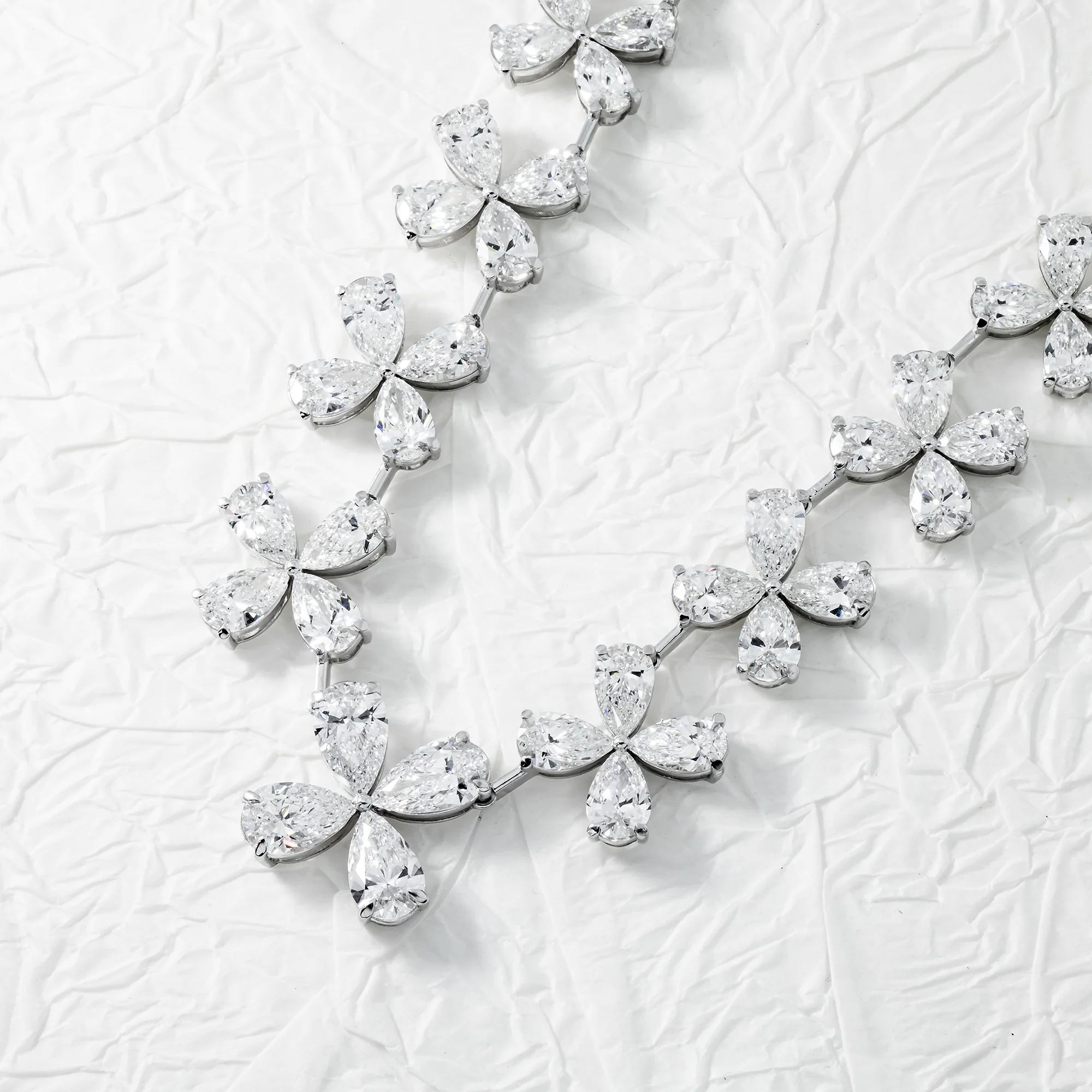 14K White Gold Pear Cut Diamond Graduated Flower Necklace 55.96ctw - Image 4