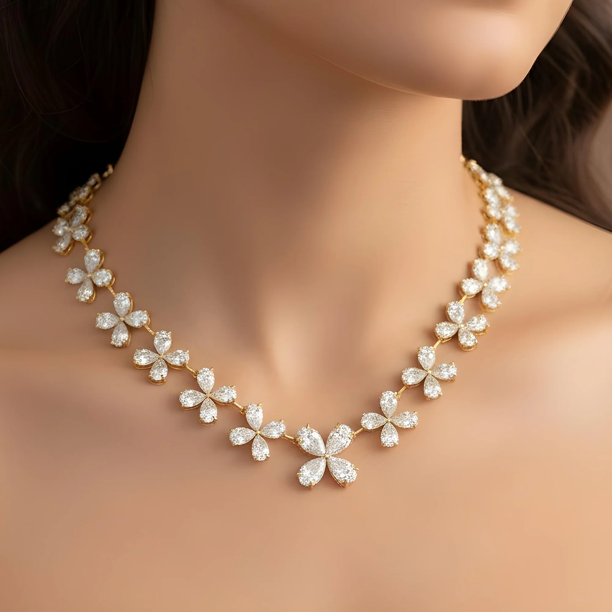 14K White Gold Pear Cut Diamond Graduated Flower Necklace 55.96ctw - Image 6