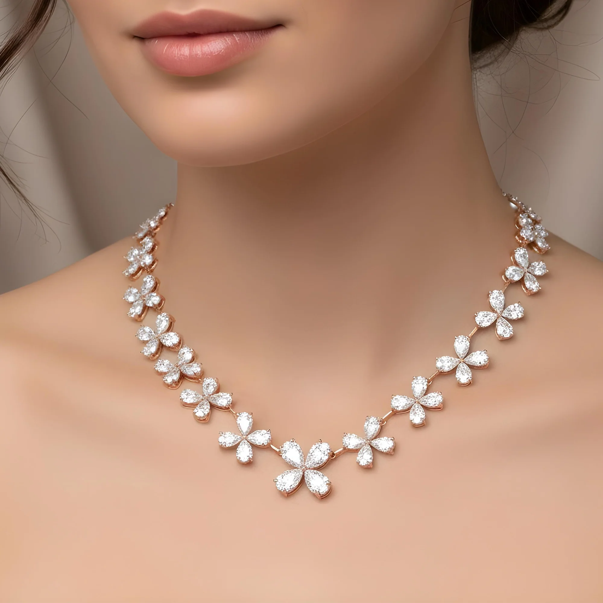 14K White Gold Pear Cut Diamond Graduated Flower Necklace 55.96ctw - Image 8