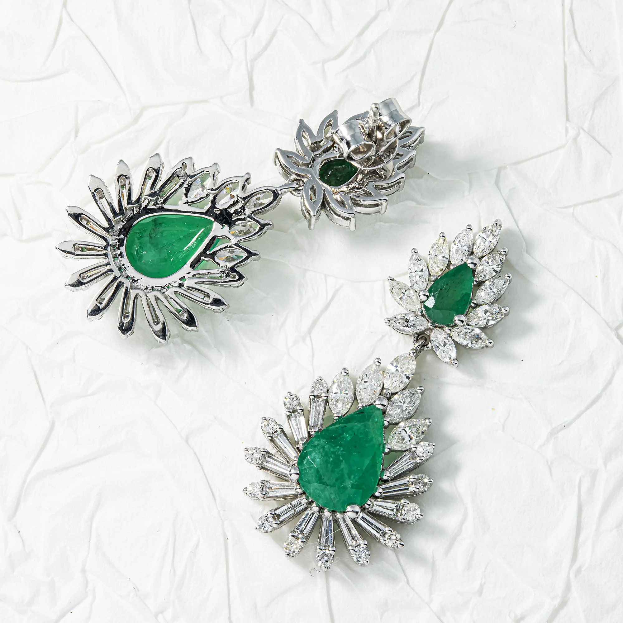 14K White Gold Emerald & Diamond Goddess Drop Earrings 7.41ctw - Image 2