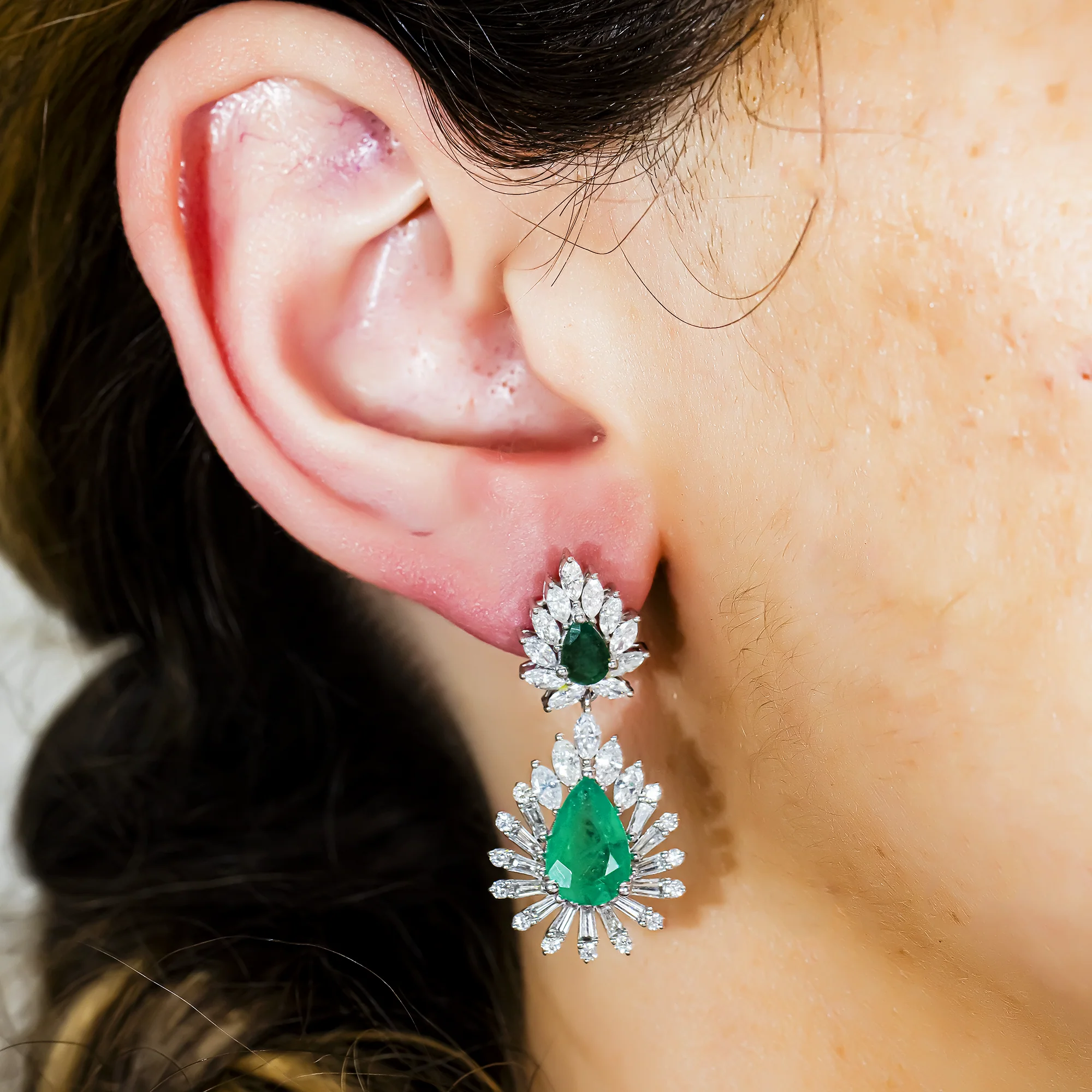14K White Gold Emerald & Diamond Goddess Drop Earrings 7.41ctw - Image 3