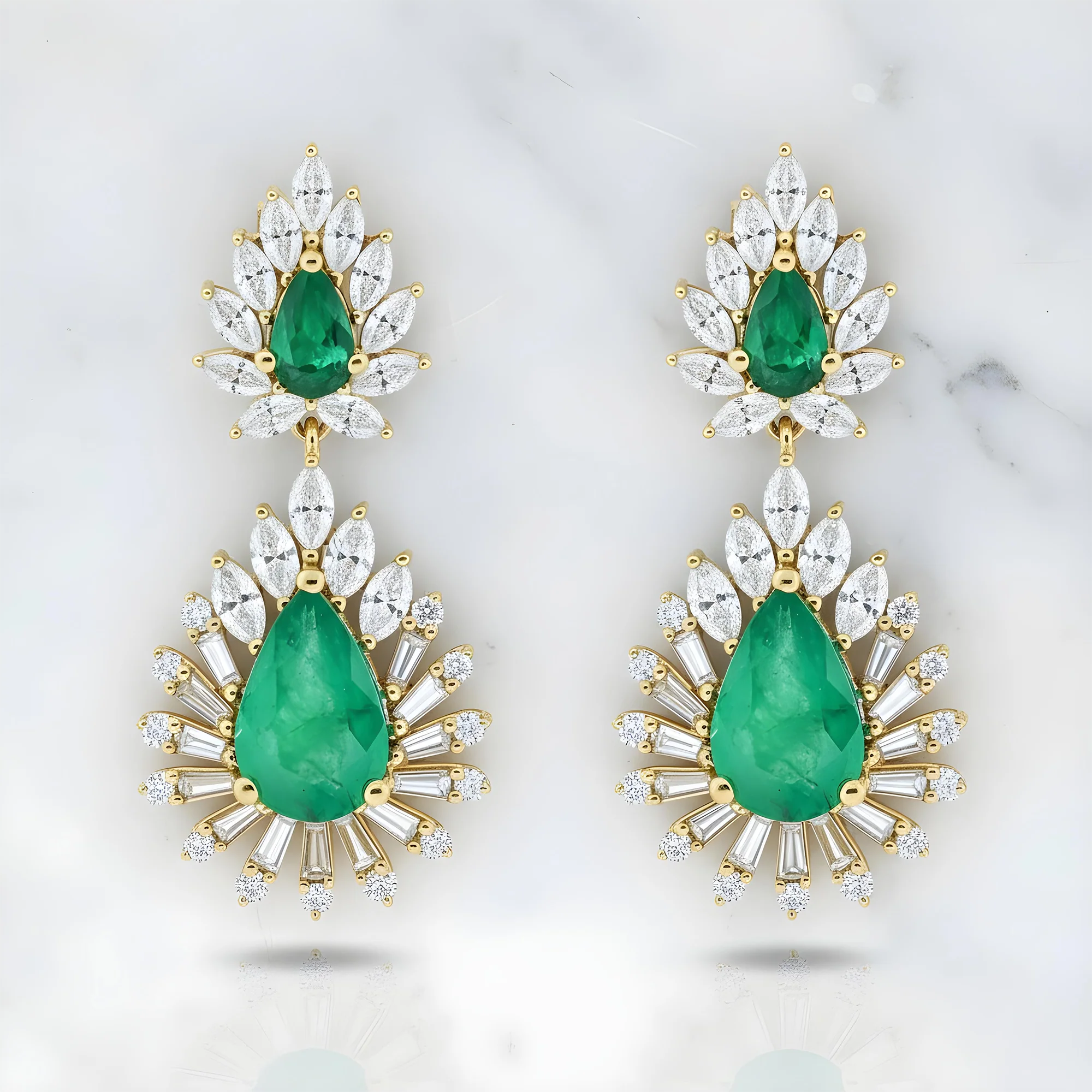 14K White Gold Emerald & Diamond Goddess Drop Earrings 7.41ctw - Image 4