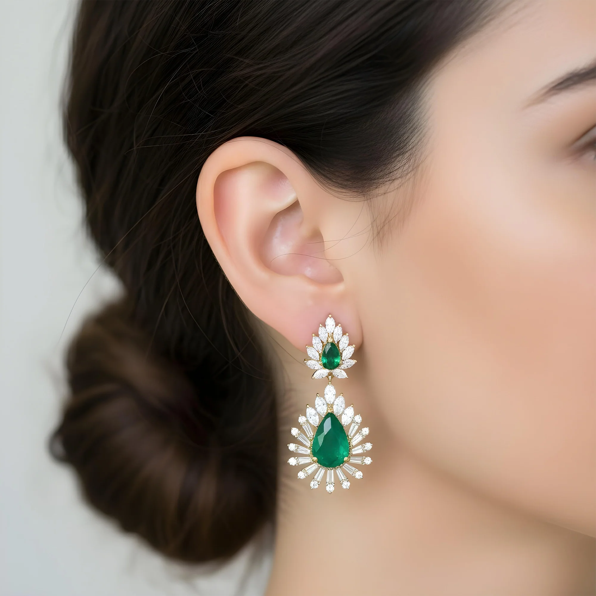 14K White Gold Emerald & Diamond Goddess Drop Earrings 7.41ctw - Image 5