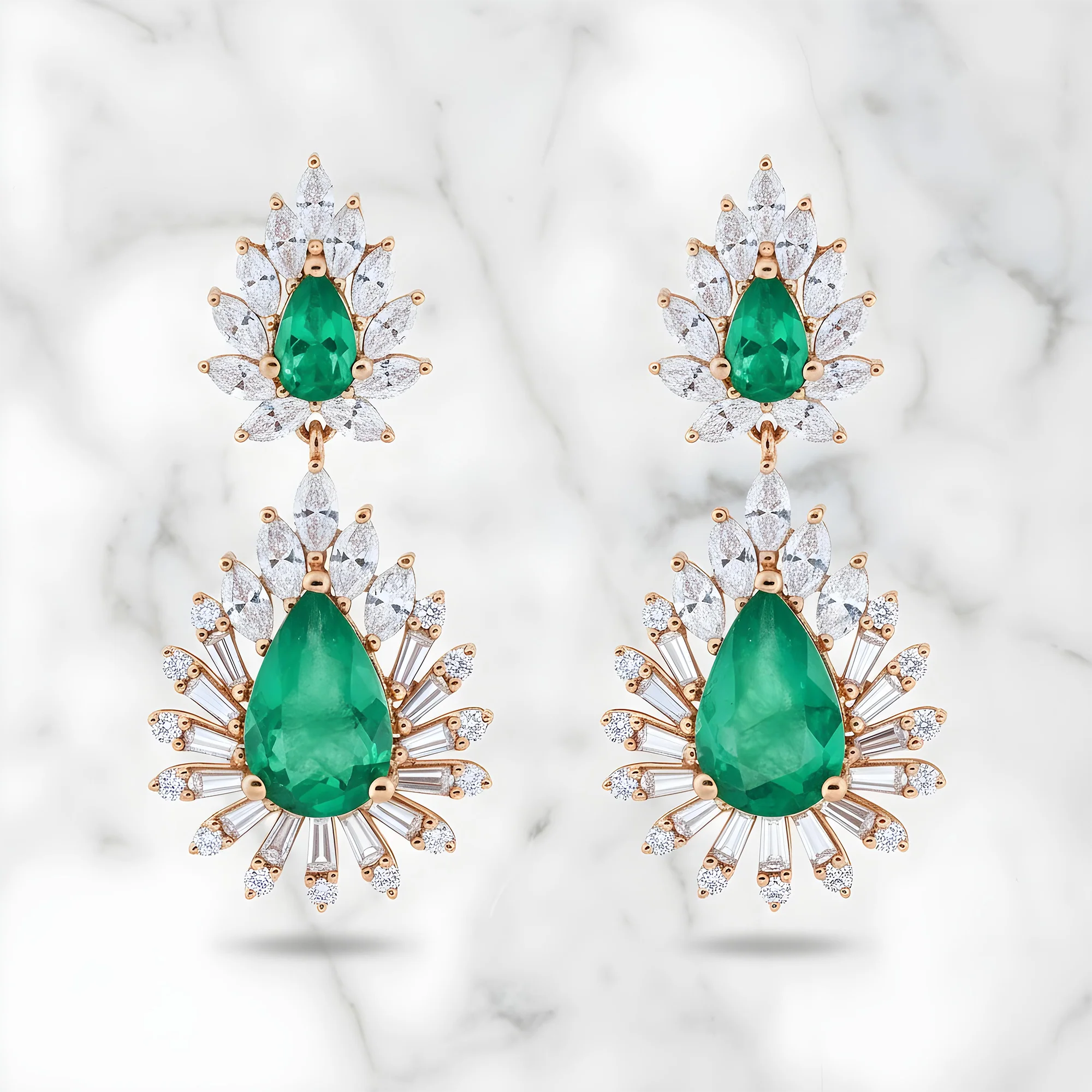 14K White Gold Emerald & Diamond Goddess Drop Earrings 7.41ctw - Image 6