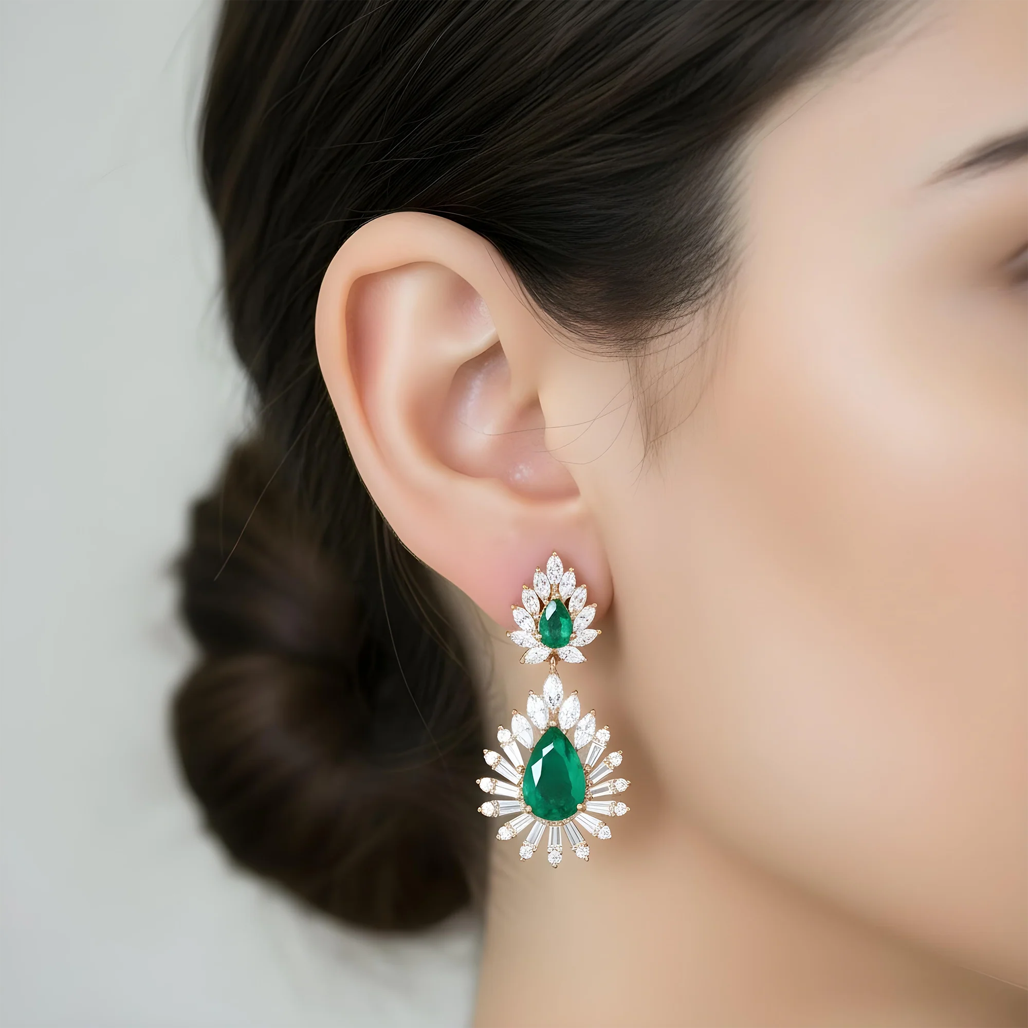 14K White Gold Emerald & Diamond Goddess Drop Earrings 7.41ctw - Image 7