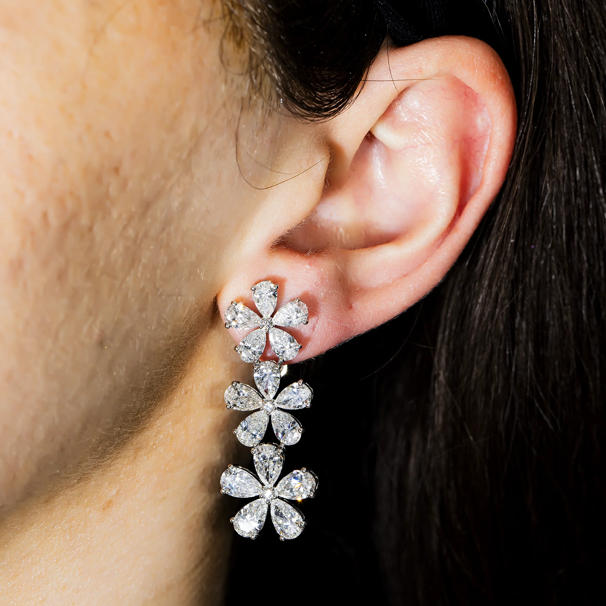 14K White Gold Pear Cut Diamond Flower Drop Earrings 12.79ct - Image 2