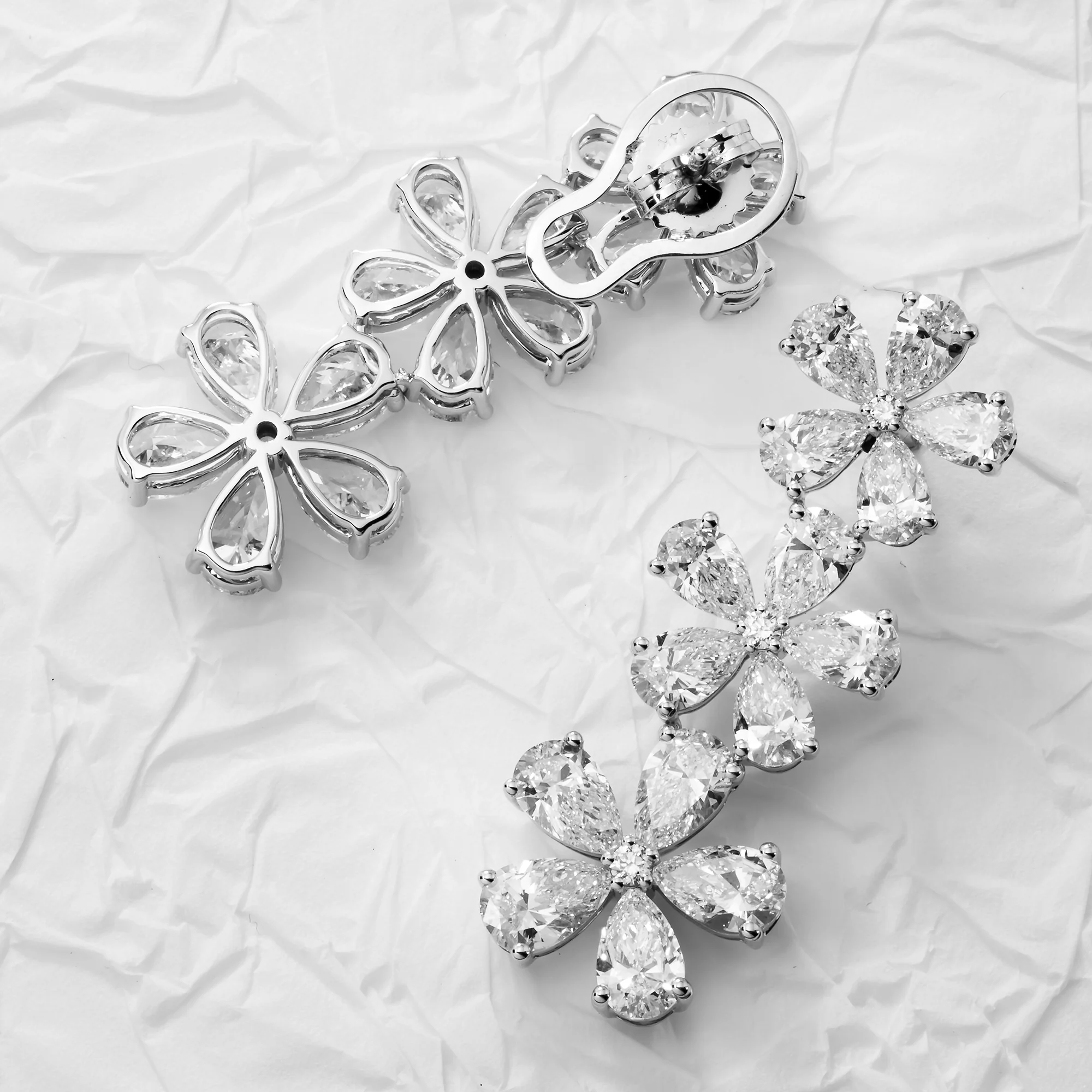 14K White Gold Pear Cut Diamond Flower Drop Earrings 12.79ct - Image 3