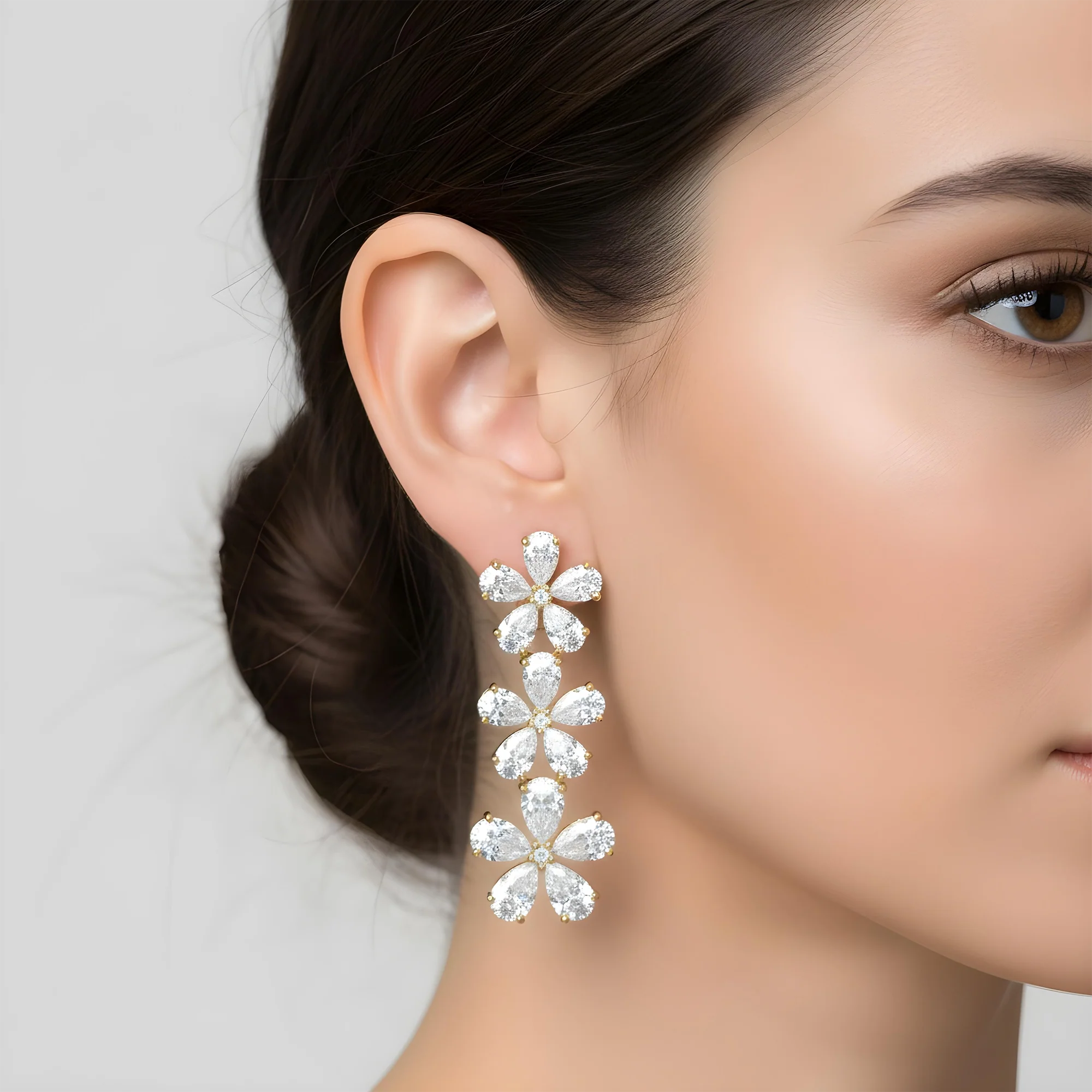 14K White Gold Pear Cut Diamond Flower Drop Earrings 12.79ct - Image 5