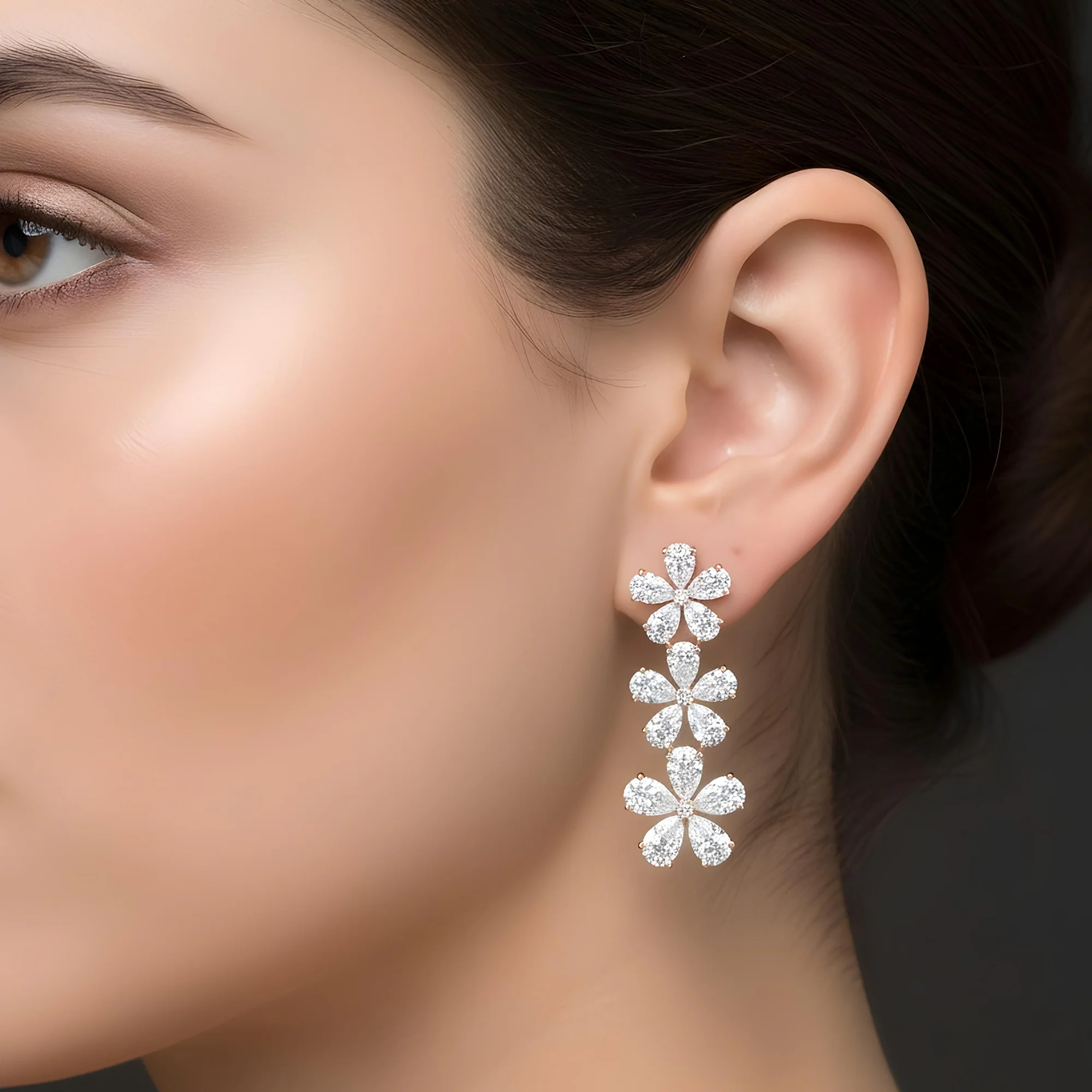 14K White Gold Pear Cut Diamond Flower Drop Earrings 12.79ct - Image 7