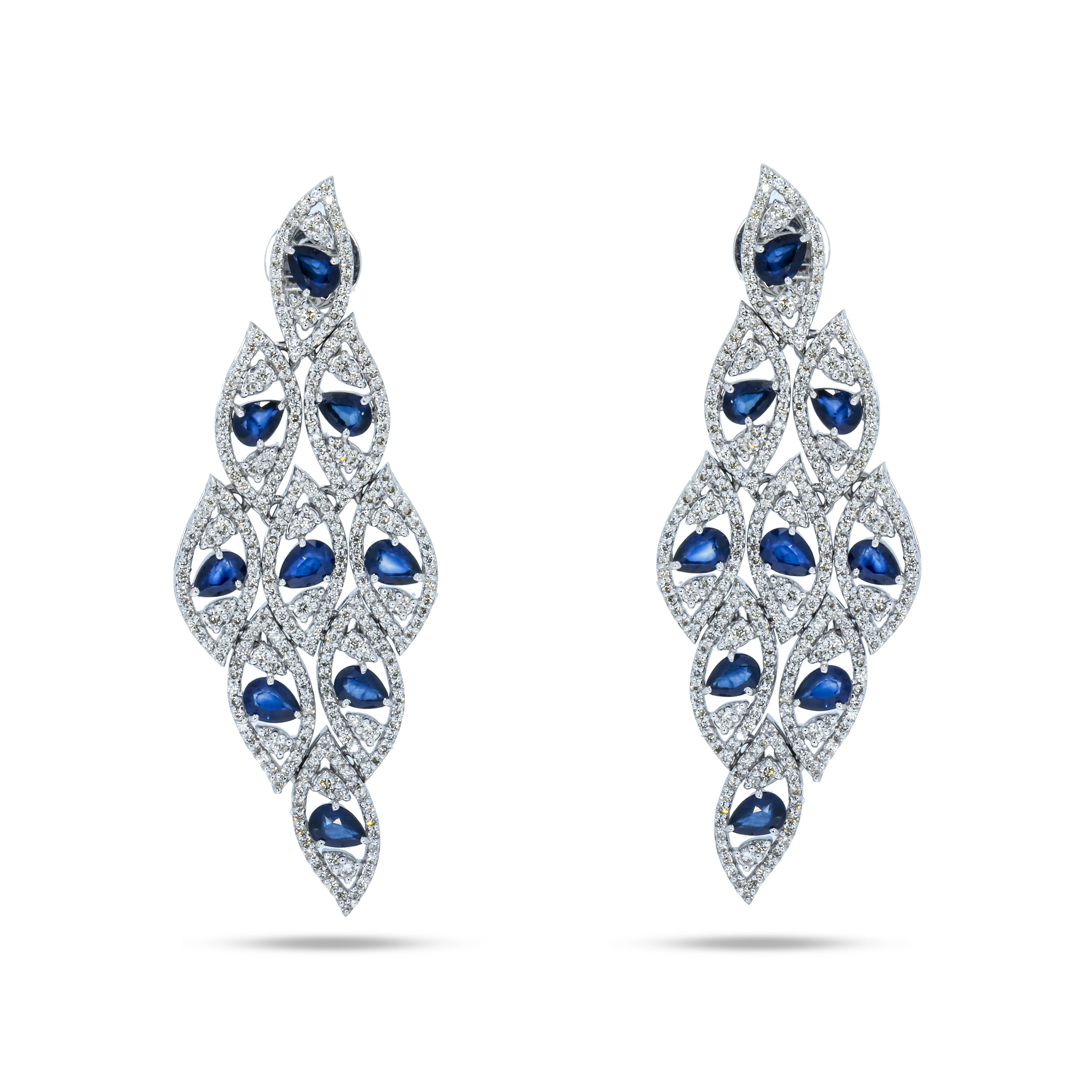 14K White Gold Pear Cut Sapphire & diamond Drop Earrings