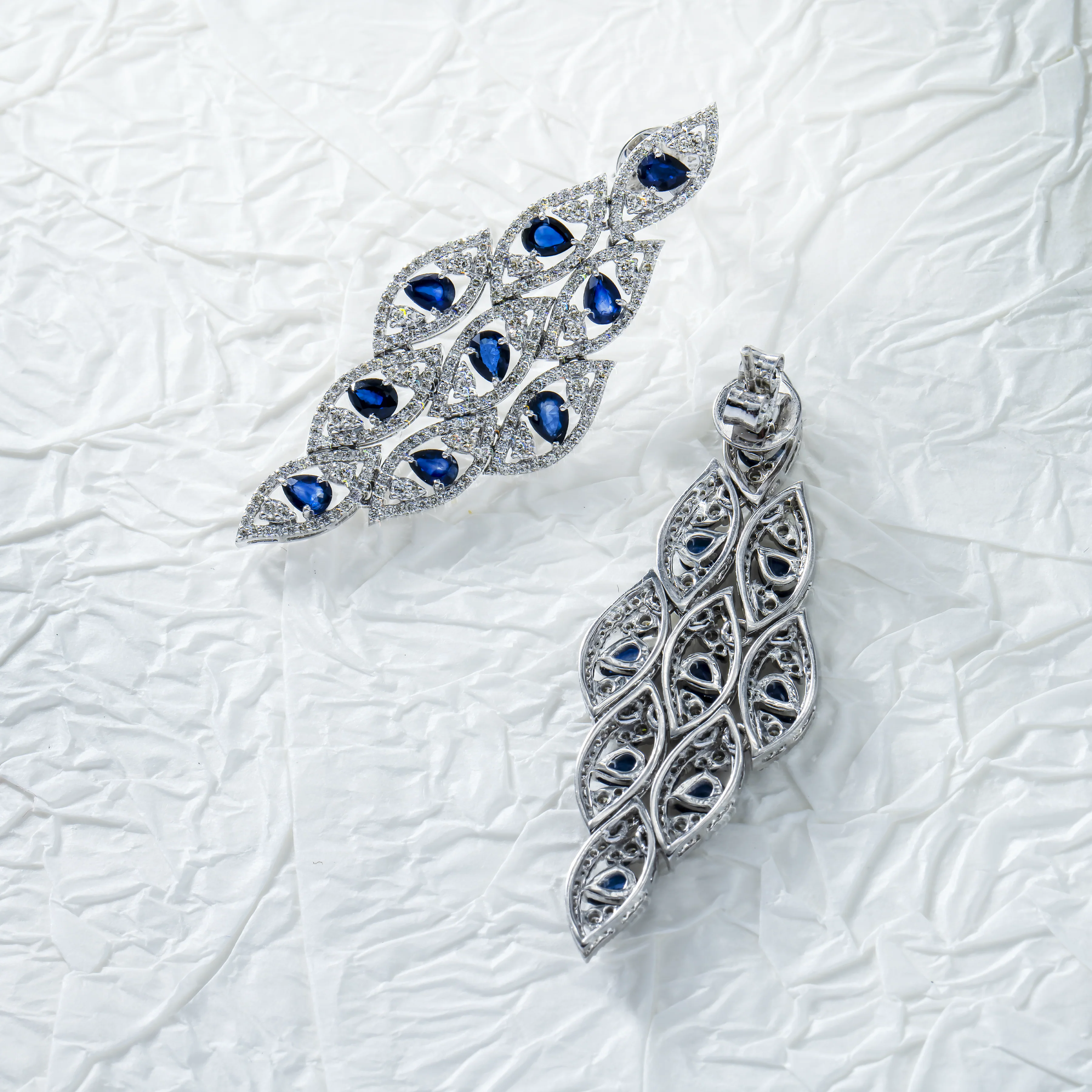 14K White Gold Pear Cut Sapphire & diamond Drop Earrings - Image 3