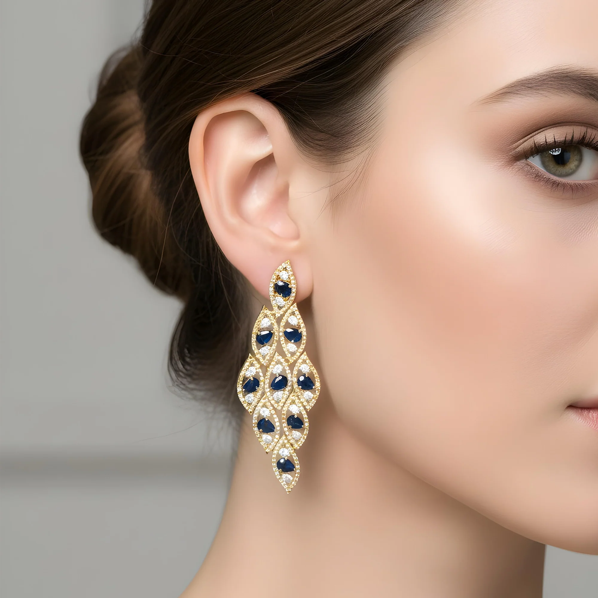 14K White Gold Pear Cut Sapphire & diamond Drop Earrings - Image 5