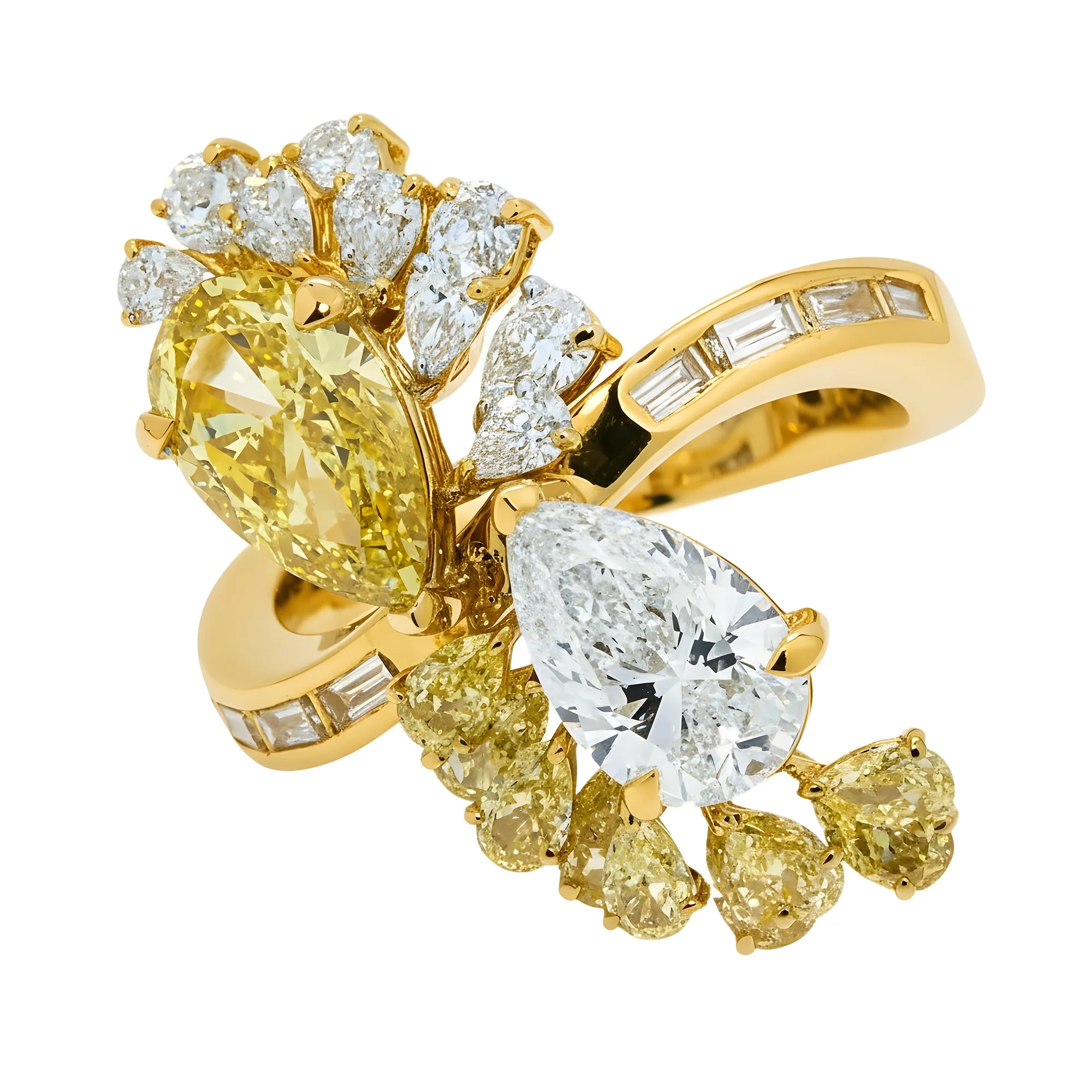 14K White Gold Pear Cut White & Fancy Yellow Diamond Ring 4.86ct - Image 6