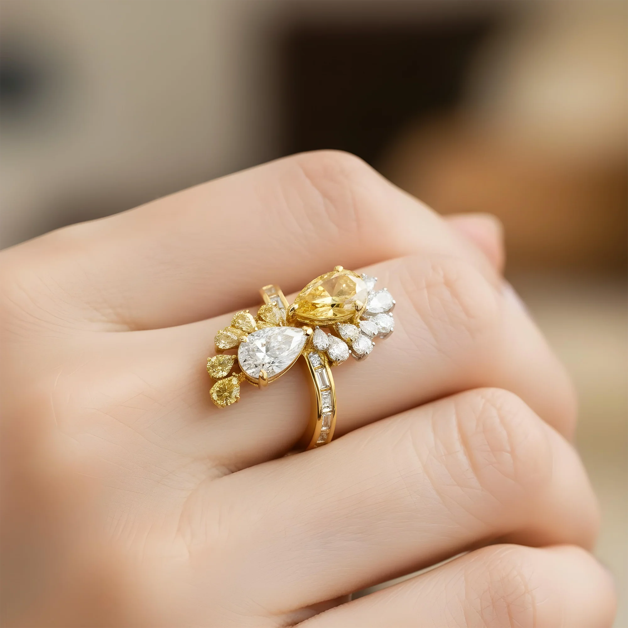 14K White Gold Pear Cut White & Fancy Yellow Diamond Ring 4.86ct - Image 7