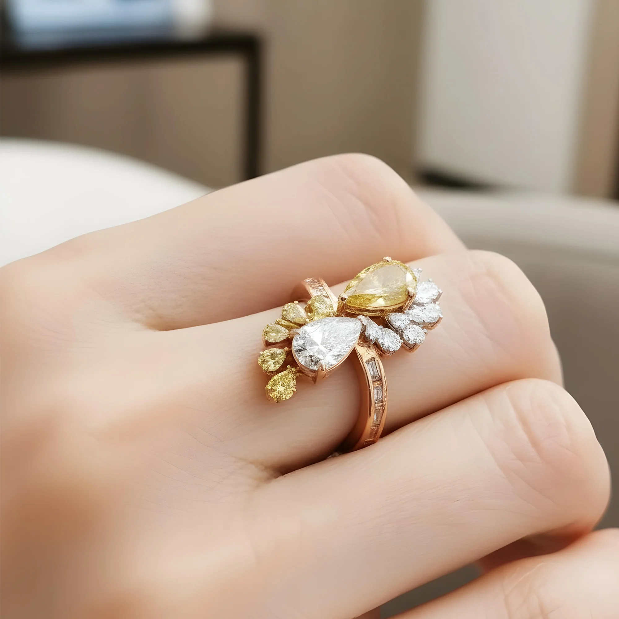 14K White Gold Pear Cut White & Fancy Yellow Diamond Ring 4.86ct - Image 9