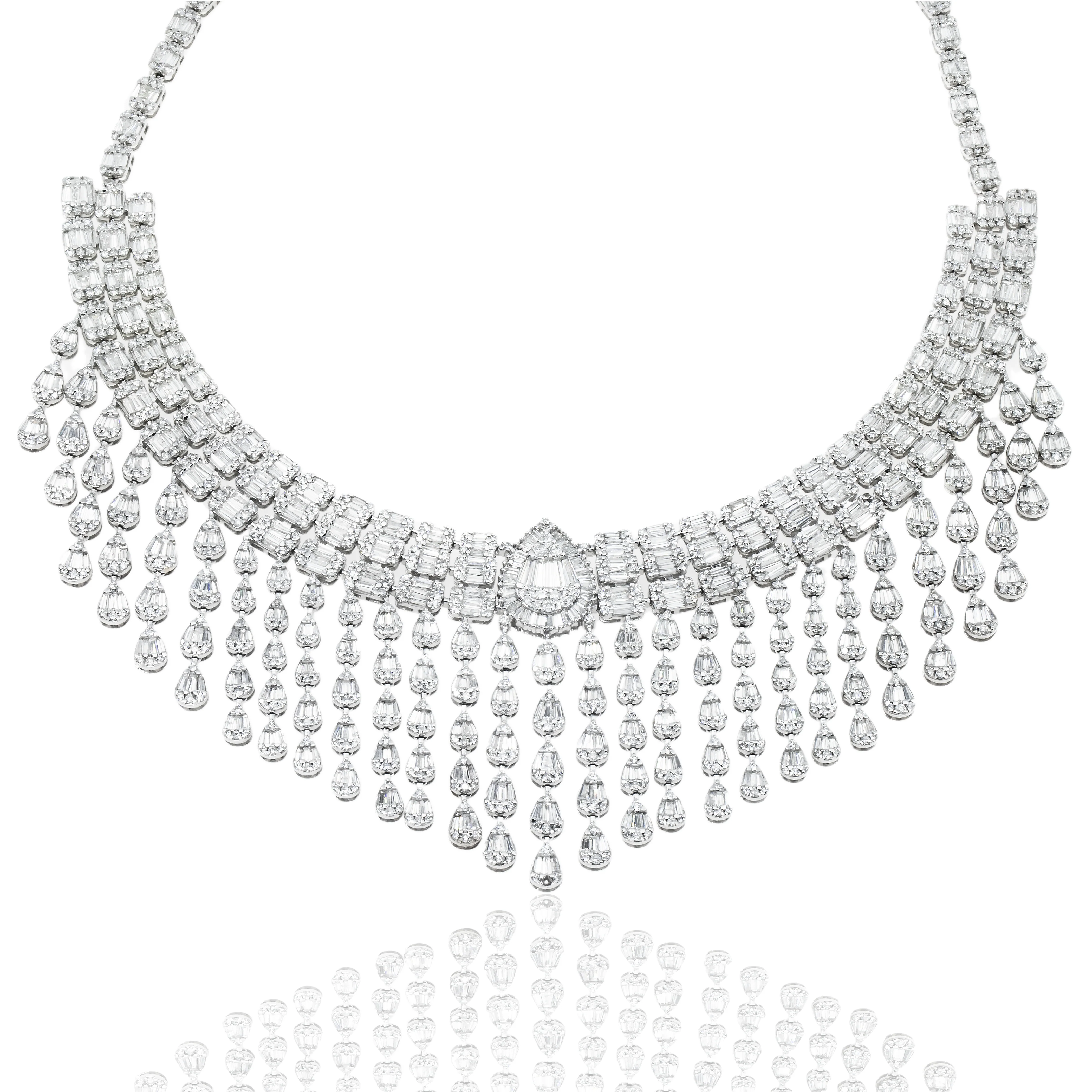 14K White Diamond Chandelier Necklace 43.82ct