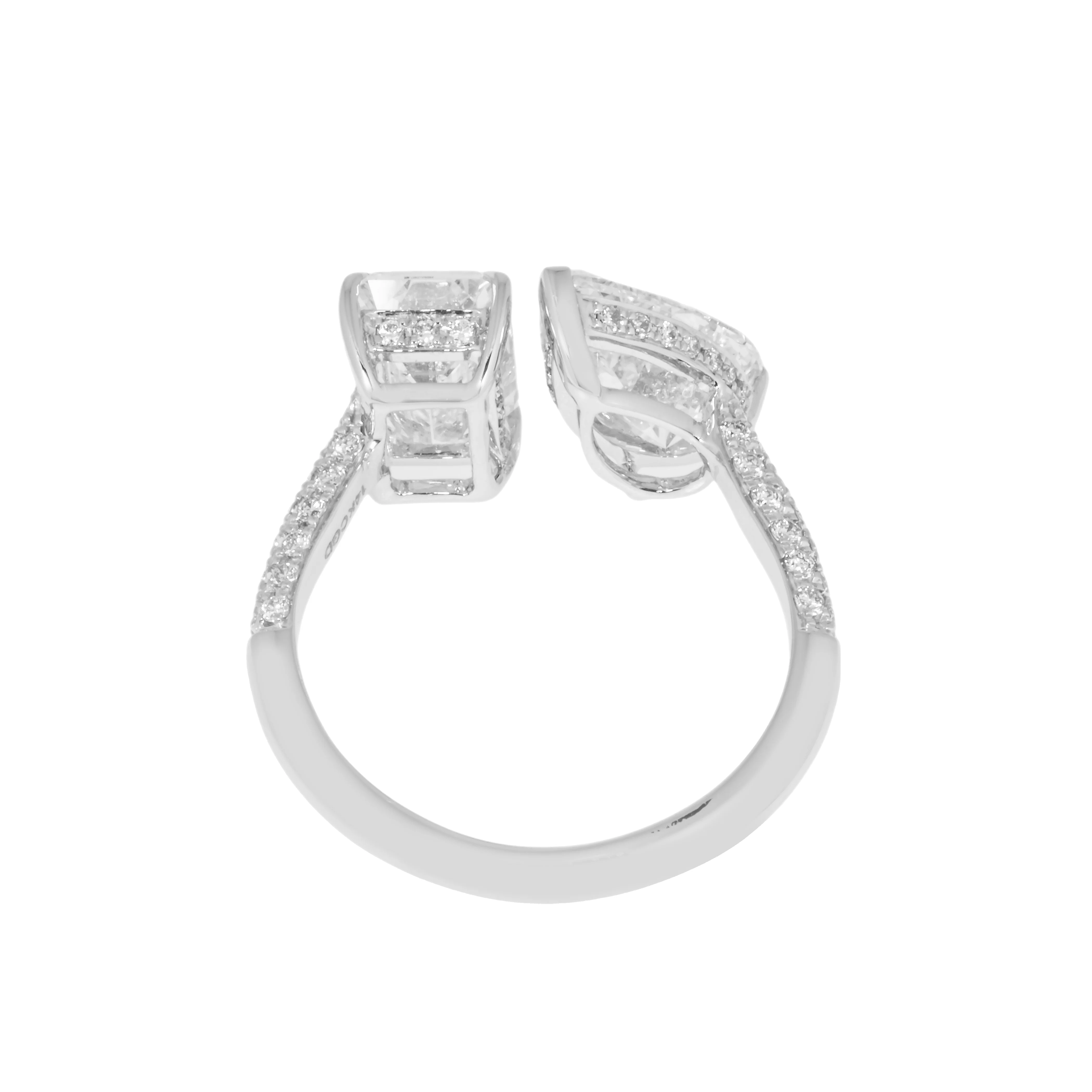 14K White Gold Pear & Emerald Cut Double Diamond Toi et Moi Ring 4.53ctw - Image 3